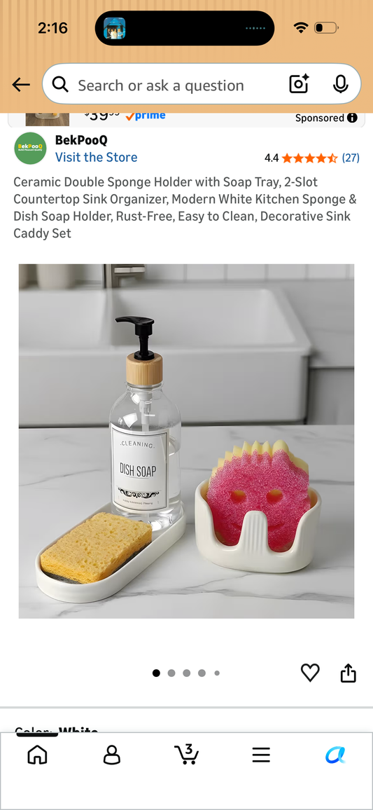 Ceramic Double Sponge Holder with Soap Tray, 2-Slot Countertop Sink Organizer, Modern White Kitchen Sponge & Dish Soap Holder, Rust-Free, Easy to Clean, Decorative Sink Caddy Set