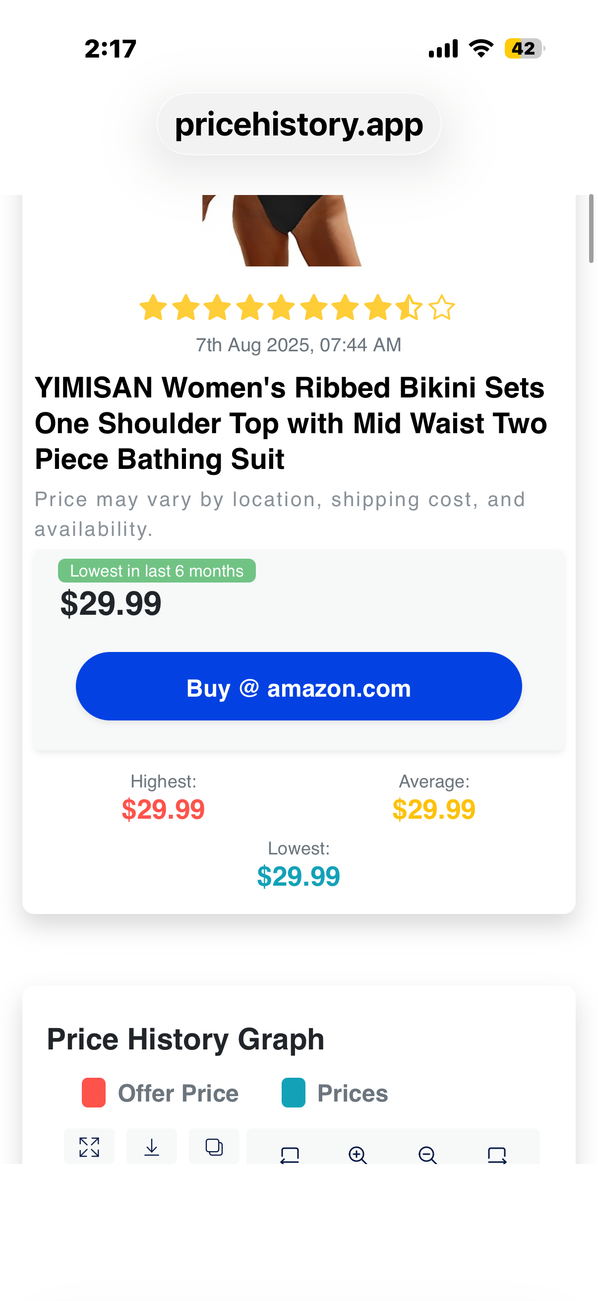 Women's Ribbed Bikini Sets One Shoulder Top withMid Waist Two Piece Bathing Suit (Size Small)