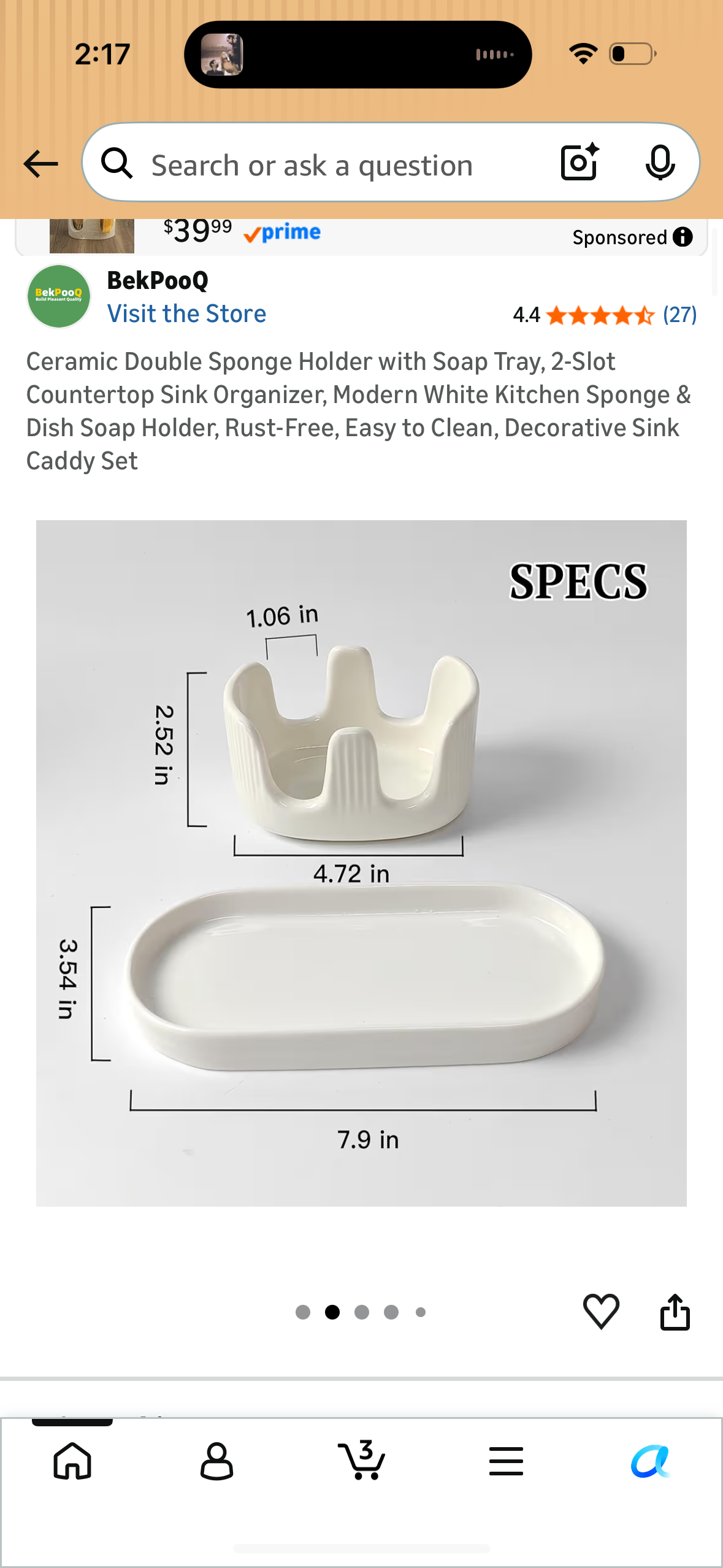 Ceramic Double Sponge Holder with Soap Tray, 2-Slot Countertop Sink Organizer, Modern White Kitchen Sponge & Dish Soap Holder, Rust-Free, Easy to Clean, Decorative Sink Caddy Set