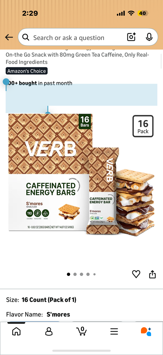 Verb Caffeinated Energy Bars S'mores (26g, Pack of 16) 110-Calorie Delicious Low Sugar Energy Bar - Vegan Gluten Free On-the Go Snack with 80mg Green Tea Caffeine, Only Real-Food Ingredients