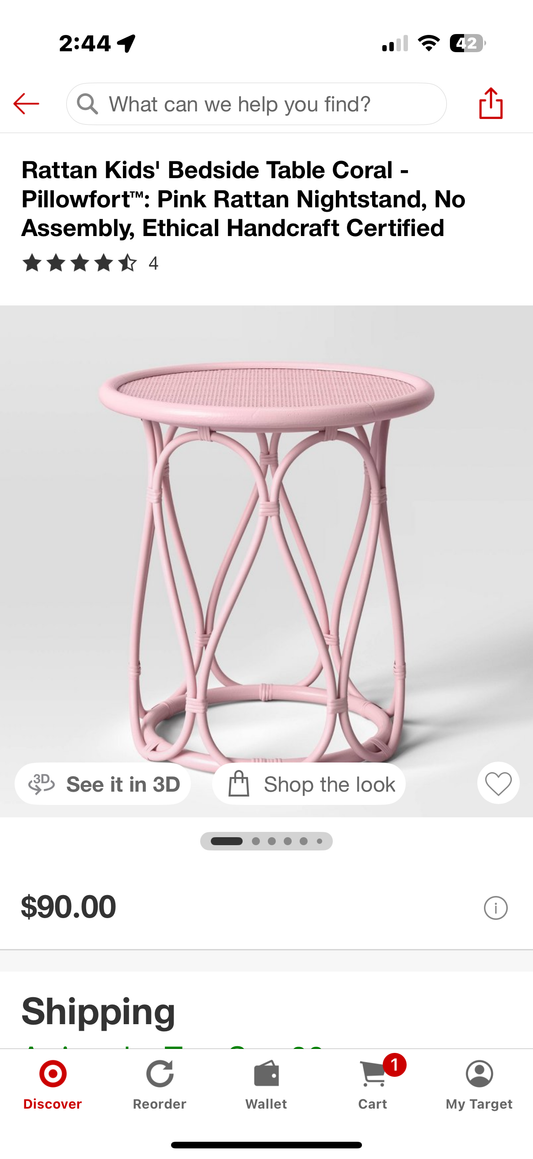 Rattan Kids' Bedside Table Coral - Pillowfort™: Pink Rattan Nightstand, No Assembly, Ethical Handcraft Certified