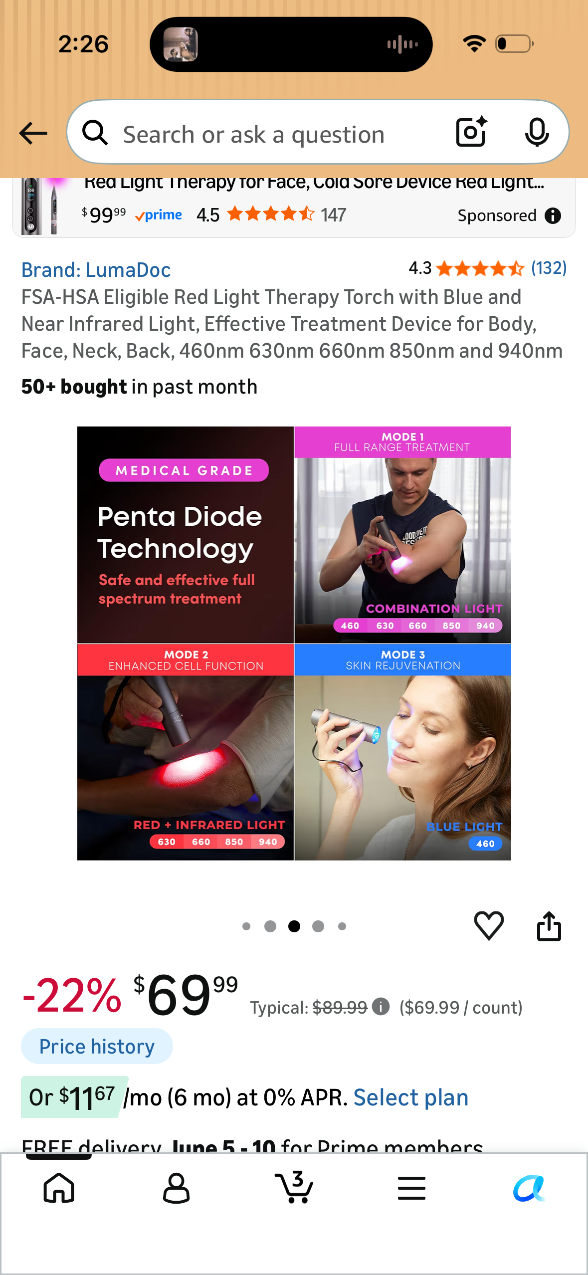 Red Light Therapy Torch with Blue and Near Infrared Light, Effective Treatment Device for Body, Face, Neck, Back, 460nm 630nm 660nm 850nm and 940nm