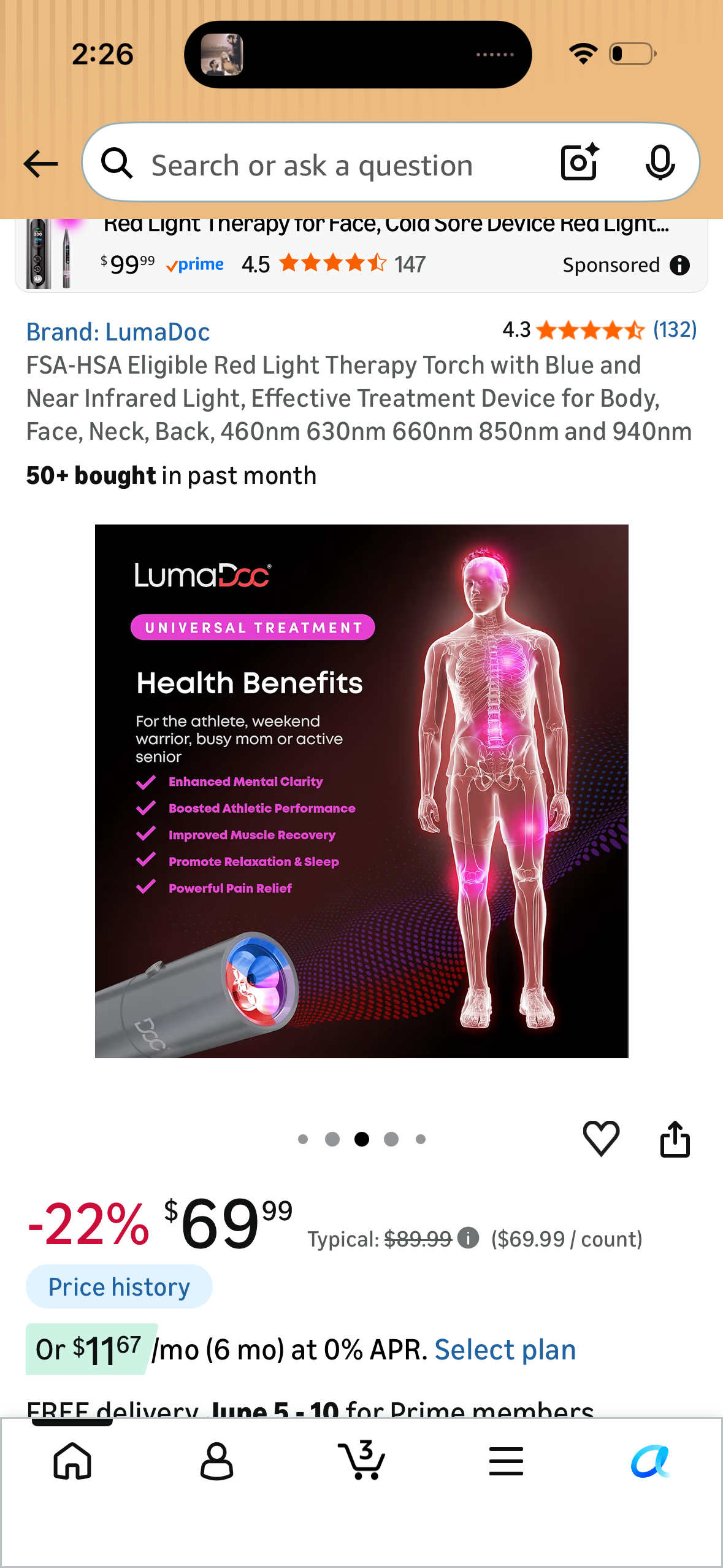 Red Light Therapy Torch with Blue and Near Infrared Light, Effective Treatment Device for Body, Face, Neck, Back, 460nm 630nm 660nm 850nm and 940nm