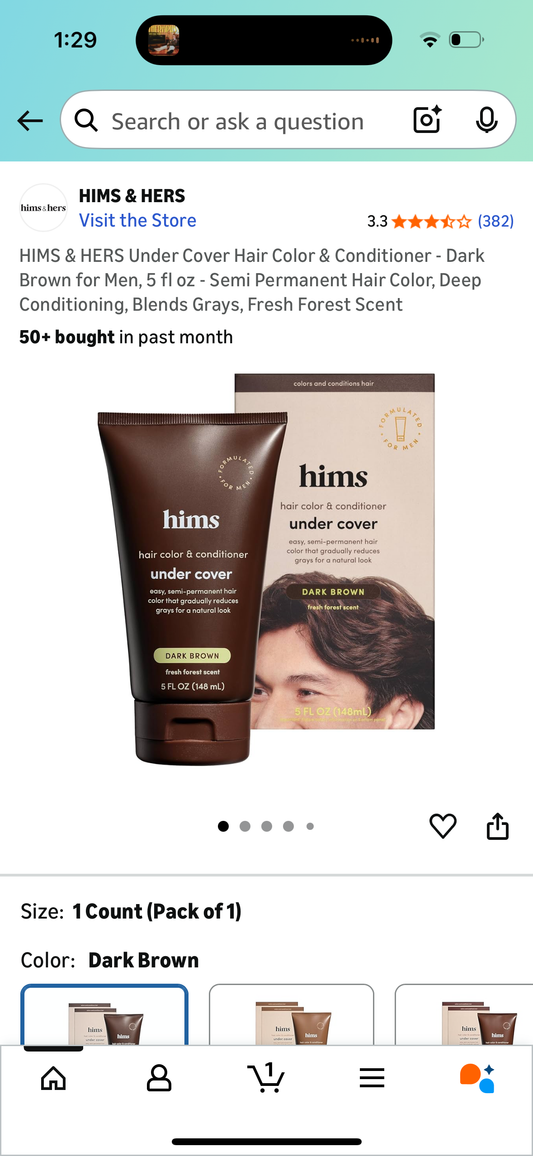 HIMS & HERS Under Cover Hair Color & Conditioner - Dark Brown for Men, 5 fl oz - Semi Permanent Hair Color, Deep Conditioning, Blends Grays, Fresh Forest Scent