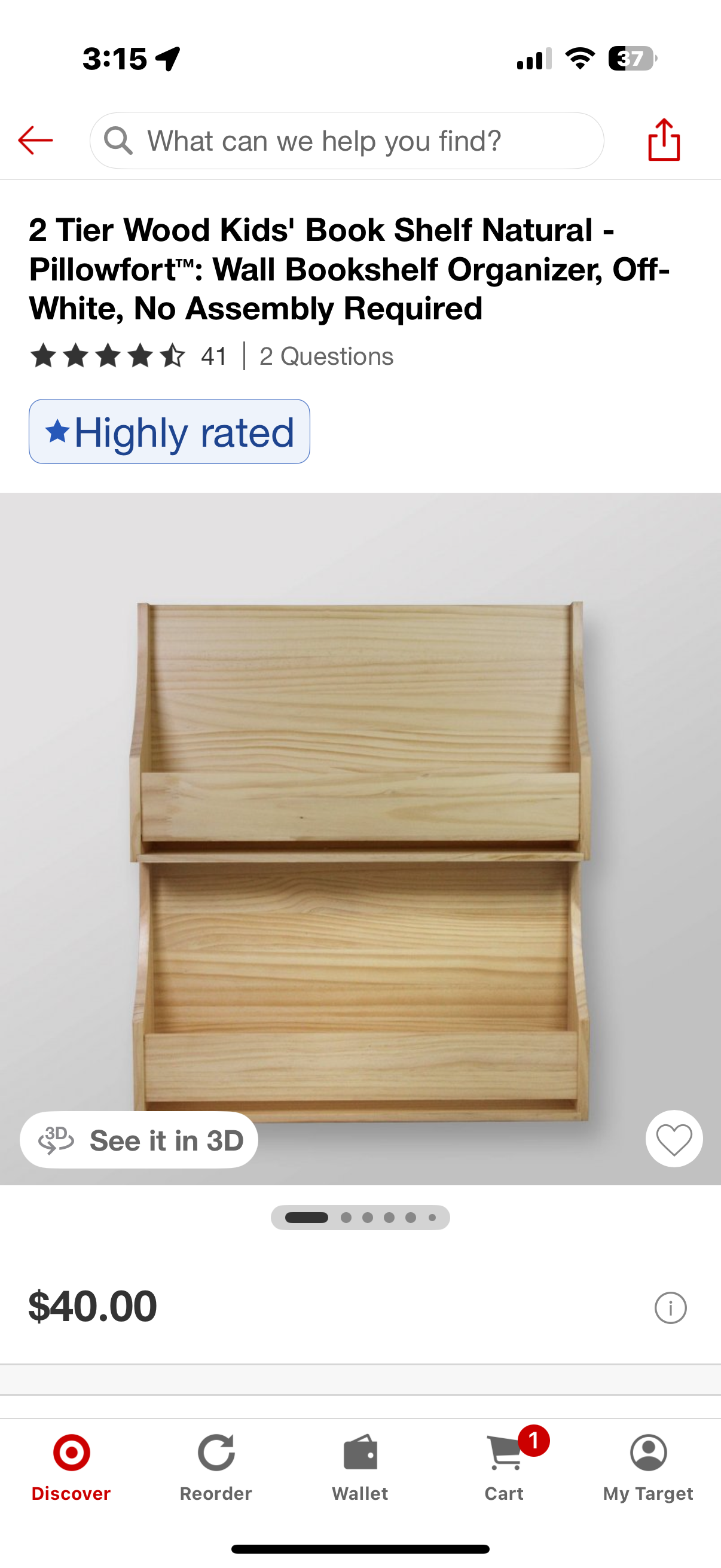 2 Tier Wood Kids' Book Shelf Natural - Pillowfort™: Wall Bookshelf Organizer, Off-White, No Assembly Required