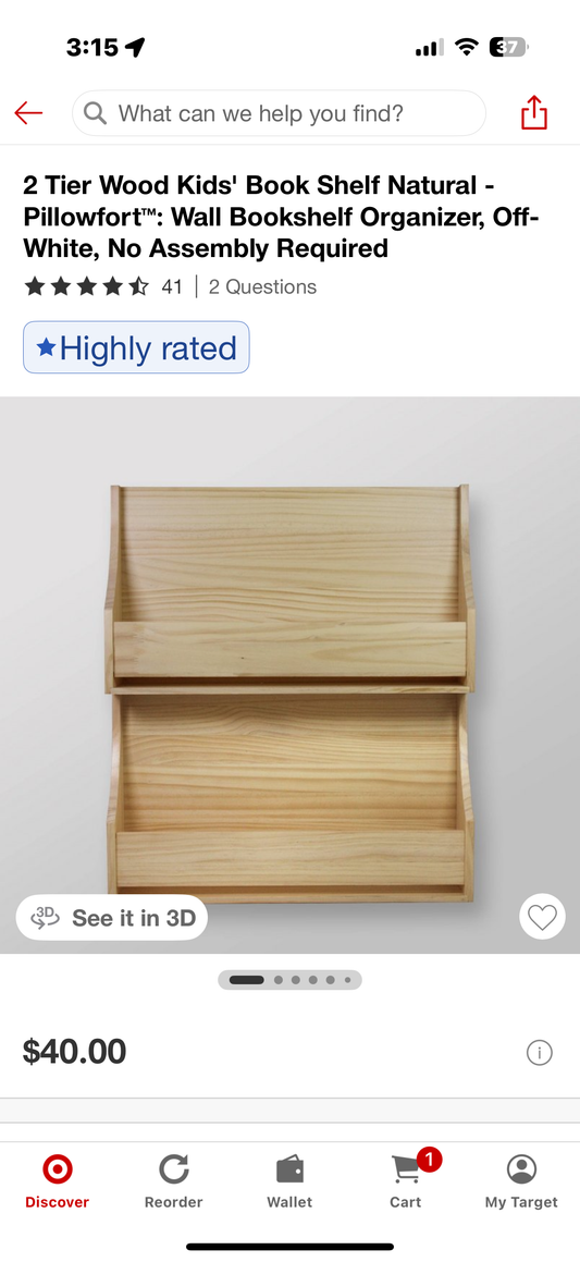 2 Tier Wood Kids' Book Shelf Natural - Pillowfort™: Wall Bookshelf Organizer, Off-White, No Assembly Required