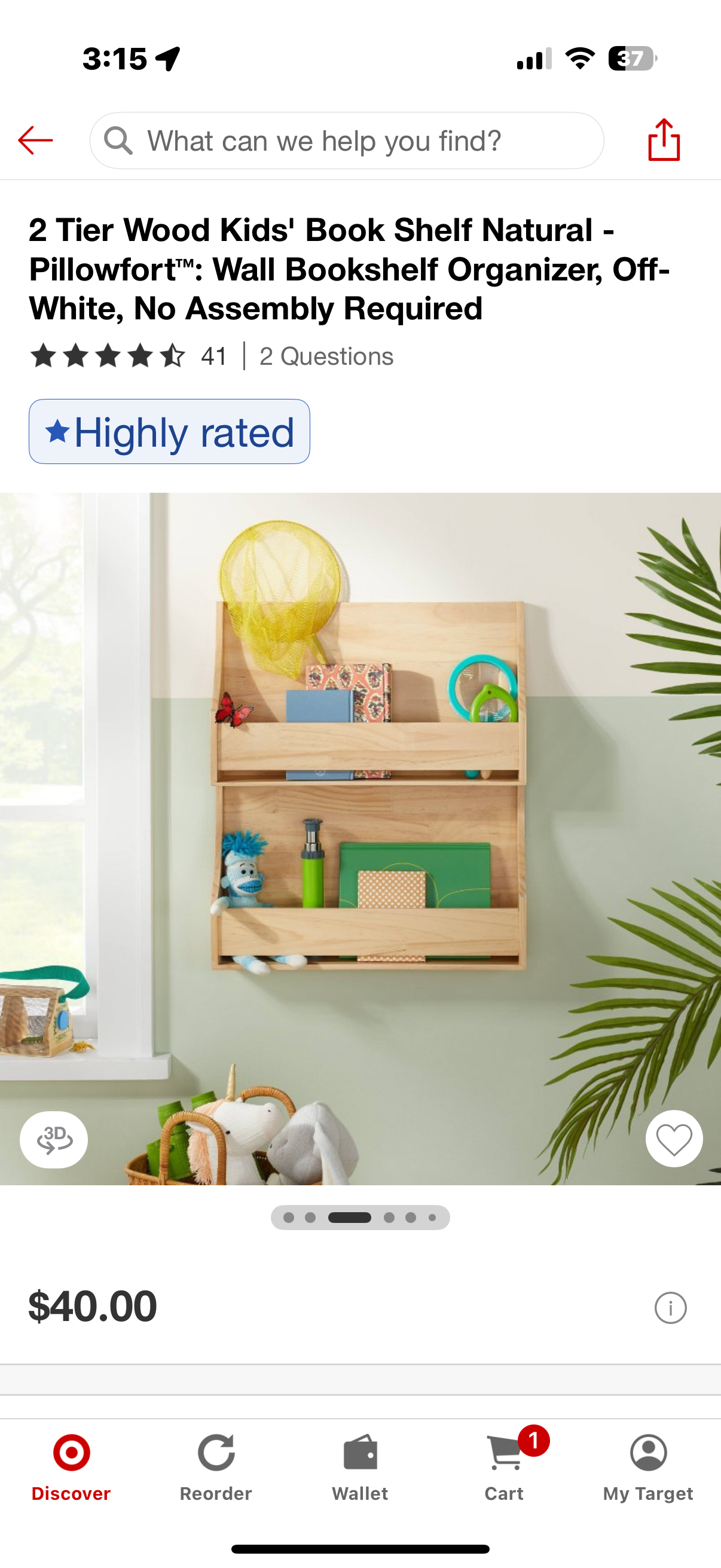 2 Tier Wood Kids' Book Shelf Natural - Pillowfort™: Wall Bookshelf Organizer, Off-White, No Assembly Required