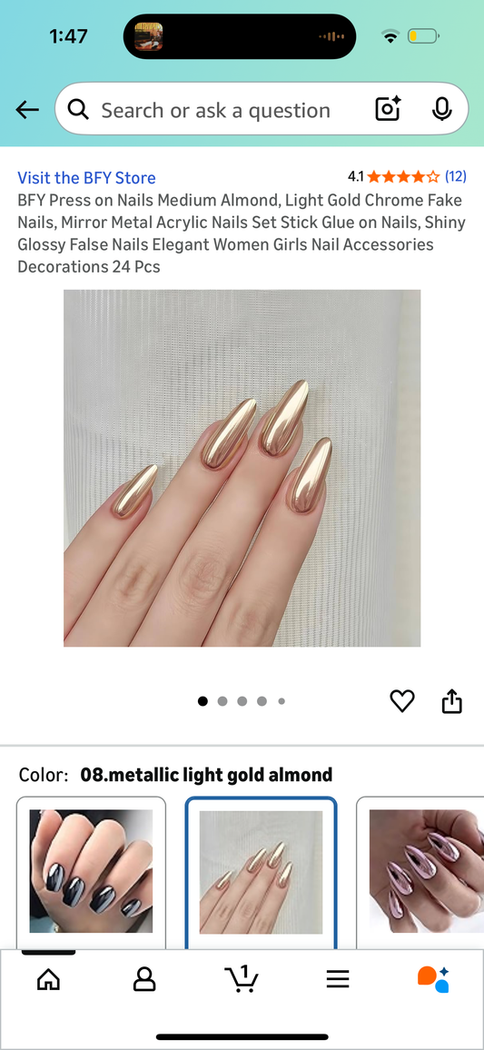 BFY Press on Nails Medium Almond, Light Gold Chrome Fake Nails, Mirror Metal Acrylic Nails Set Stick Glue on Nails, Shiny Glossy False Nails Elegant Women Girls Nail Accessories Decorations 24 Pcs