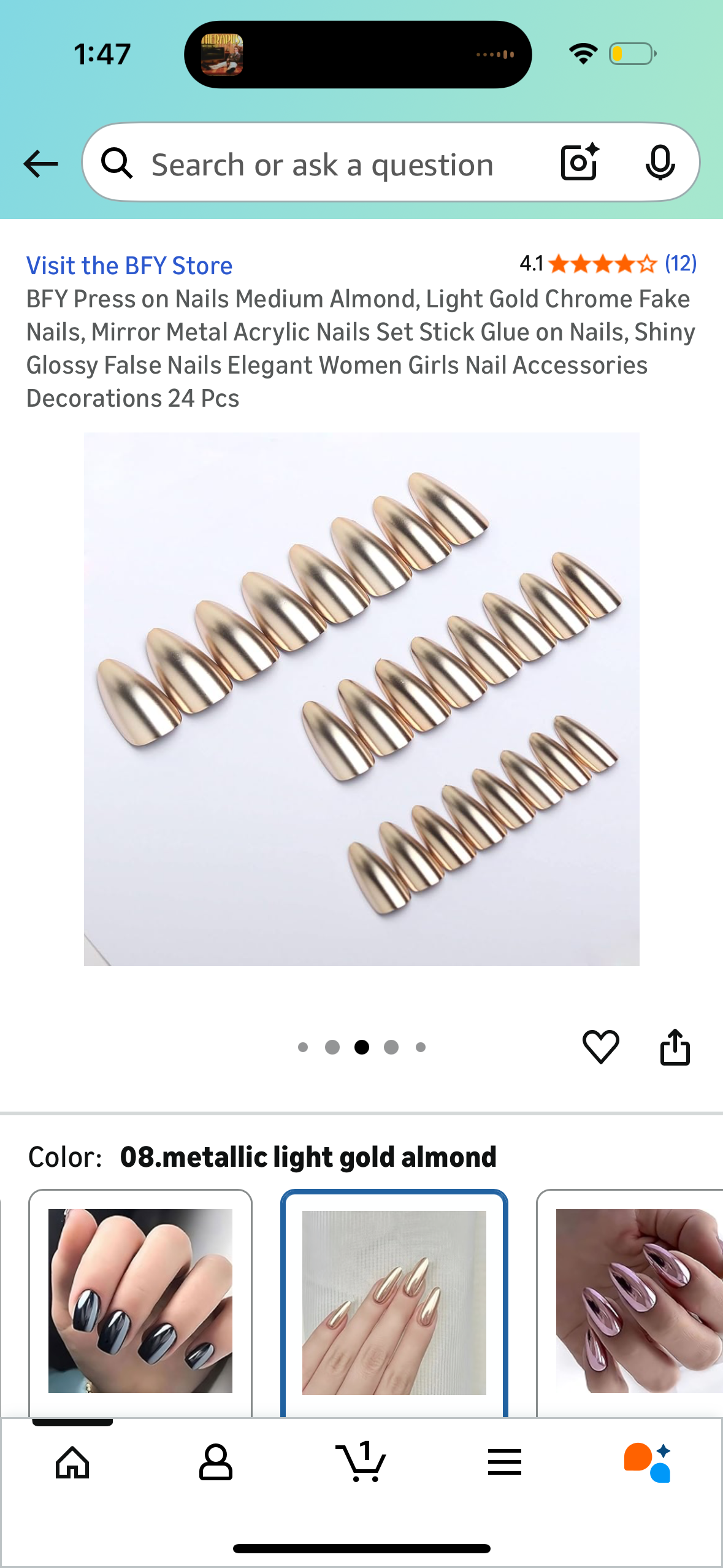 BFY Press on Nails Medium Almond, Light Gold Chrome Fake Nails, Mirror Metal Acrylic Nails Set Stick Glue on Nails, Shiny Glossy False Nails Elegant Women Girls Nail Accessories Decorations 24 Pcs