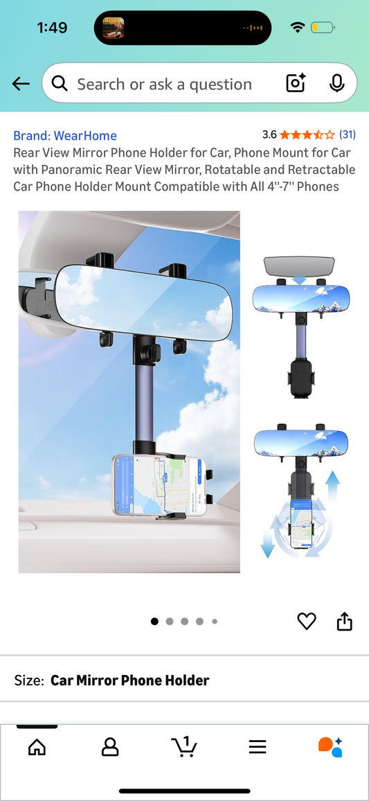 Rear View Mirror Phone Holder for Car, Phone Mount for Car with Panoramic Rear View Mirror, Rotatable and Retractable Car Phone Holder Mount Compatible with All 4"-7"' Phones