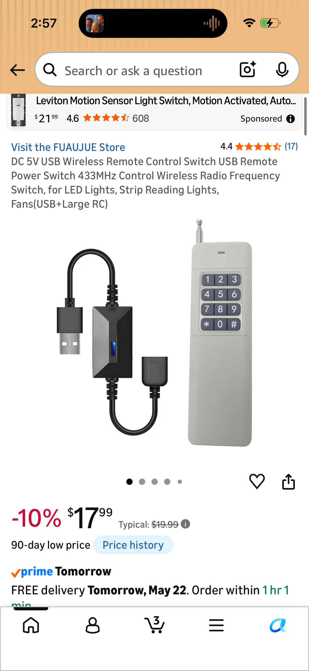 DC 5V USB Wireless Remote Control Switch USB Remote Power Switch 433MHz Control Wireless Radio Frequency Switch, for LED Lights, Strip Reading Lights, Fans(USB+Large RC)