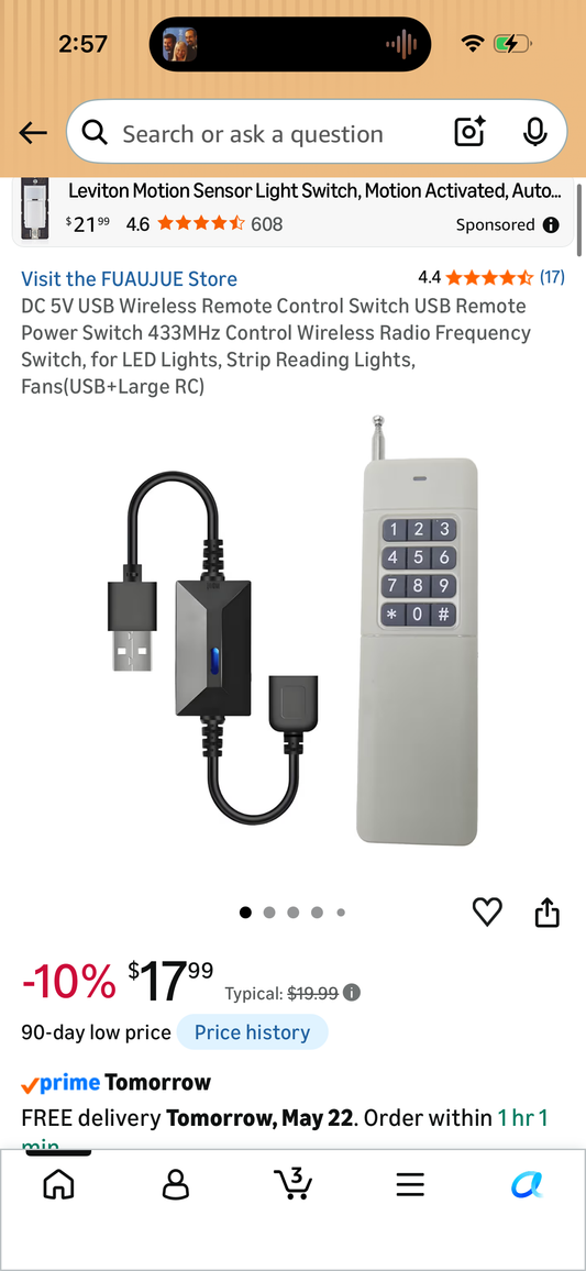 DC 5V USB Wireless Remote Control Switch USB Remote Power Switch 433MHz Control Wireless Radio Frequency Switch, for LED Lights, Strip Reading Lights, Fans(USB+Large RC)
