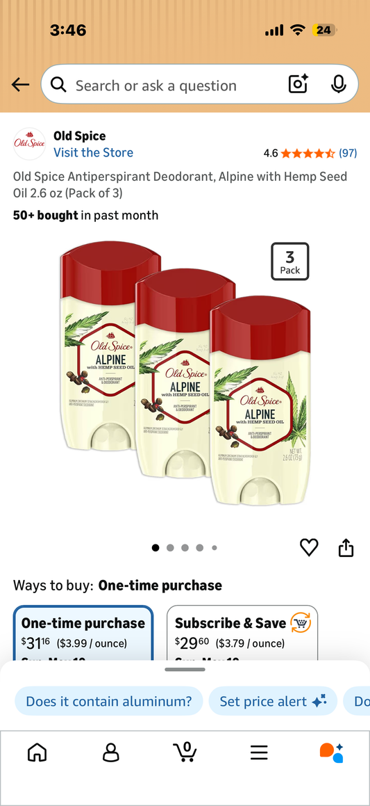 Old Spice Antiperspirant Deodorant, Alpine with Hemp Seed Oil 2.6 oz (Pack of 3