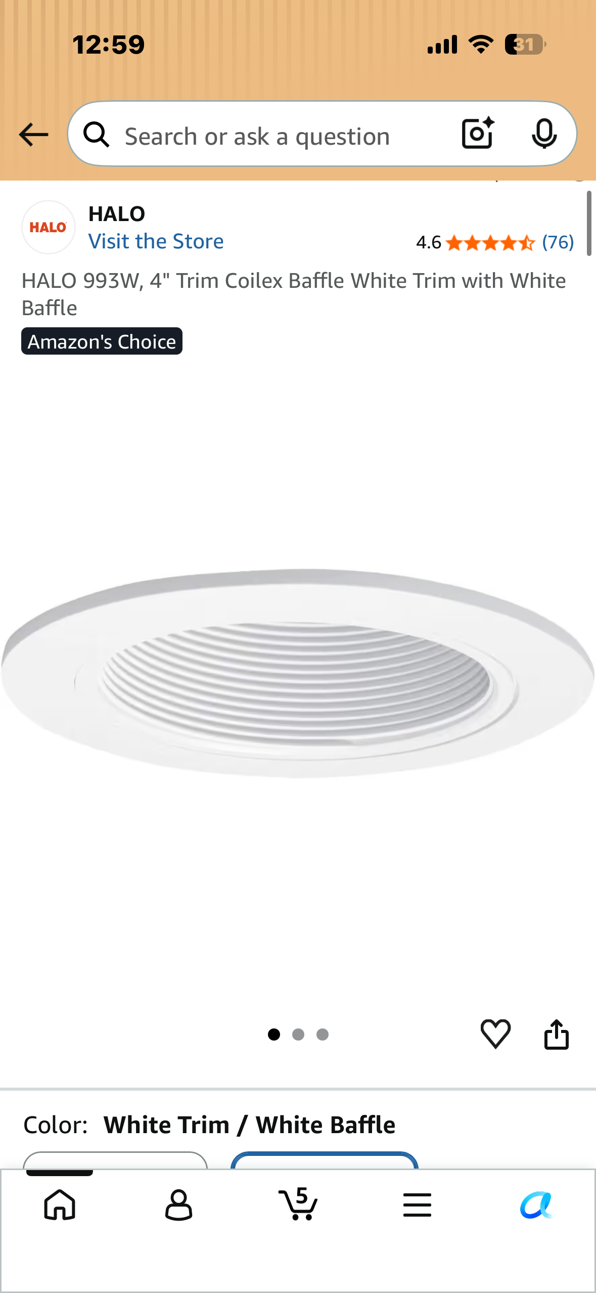 HALO 993W, 4" Trim Coilex Baffle White Trim with White Baffle