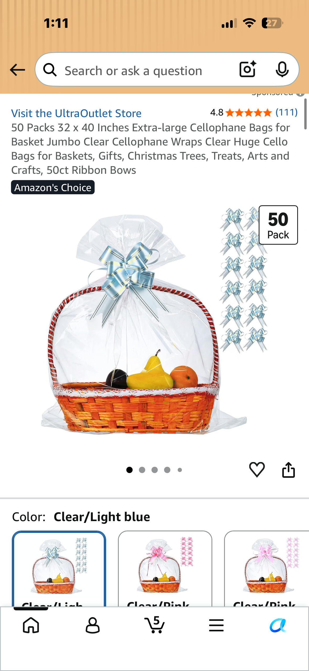 50 Packs 32 x 40 Inches Extra-large Cellophane Bags for Basket Jumbo Clear Cellophane Wraps Clear Huge Cello Bags for Baskets, Gifts, Christmas Trees, Treats, Arts and Crafts, 50ct Ribbon Bows