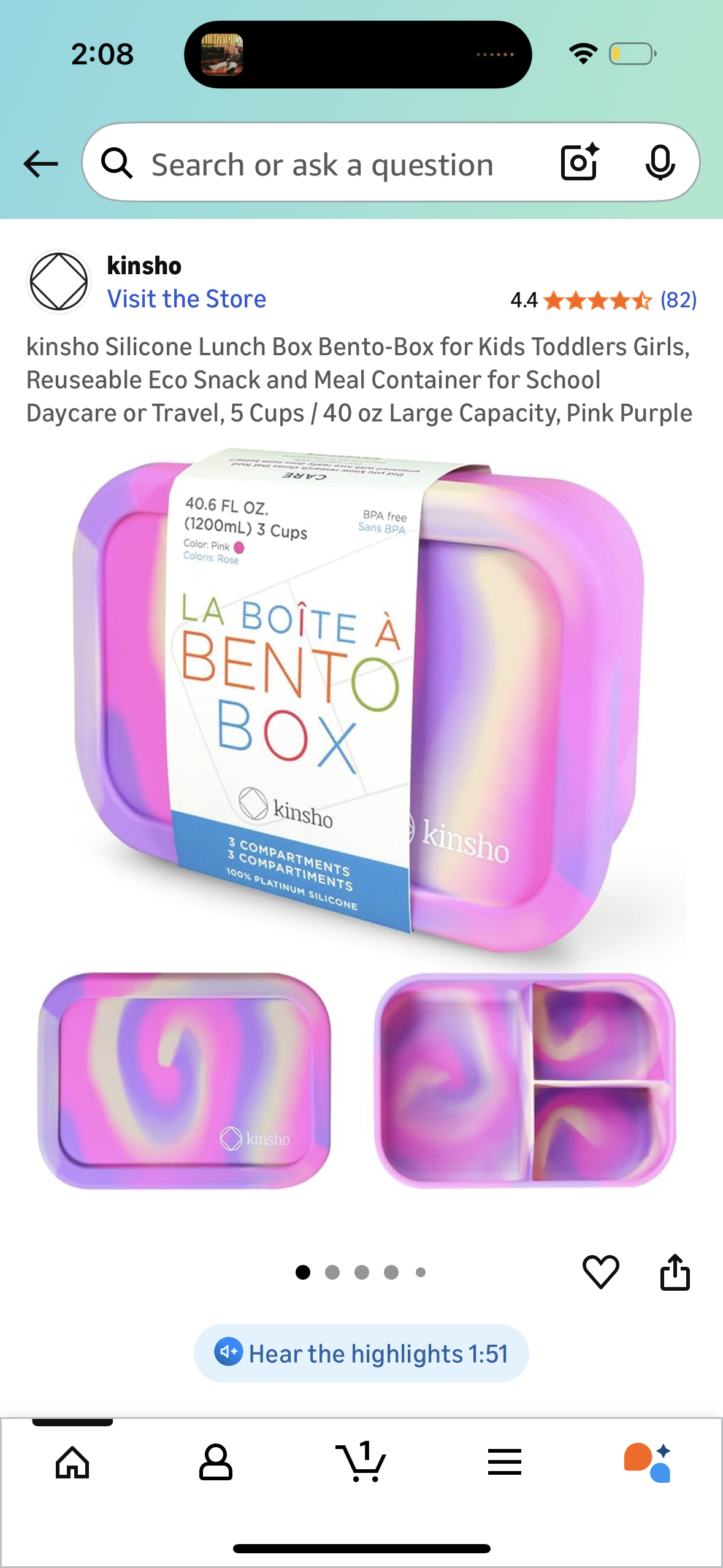 Silicone Lunch Box Bento-Box for Kids Toddlers Girls, Reuseable Eco Snack and Meal Container for School Daycare or Travel, 5 Cups / 40 oz Large Capacity, Pink Purple