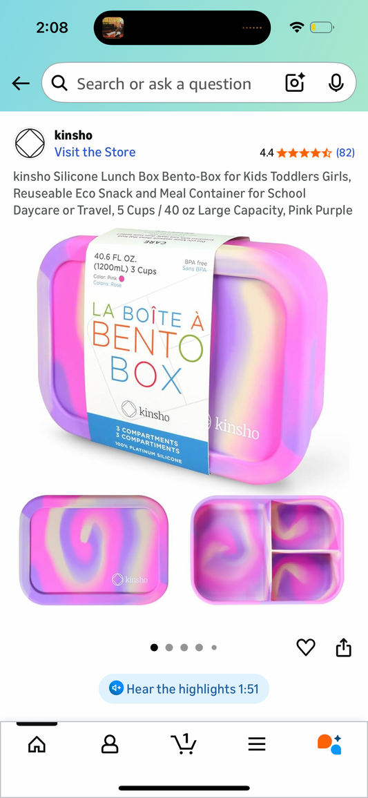 kinsho Silicone Lunch Box Bento-Box for Kids Toddlers Girls, Reuseable Eco Snack and Meal Container for School Daycare or Travel, 5 Cups / 40 oz Large Capacity, Pink Purple