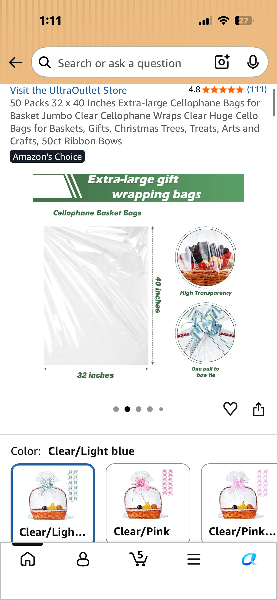 50 Packs 32 x 40 Inches Extra-large Cellophane Bags for Basket Jumbo Clear Cellophane Wraps Clear Huge Cello Bags for Baskets, Gifts, Christmas Trees, Treats, Arts and Crafts, 50ct Ribbon Bows