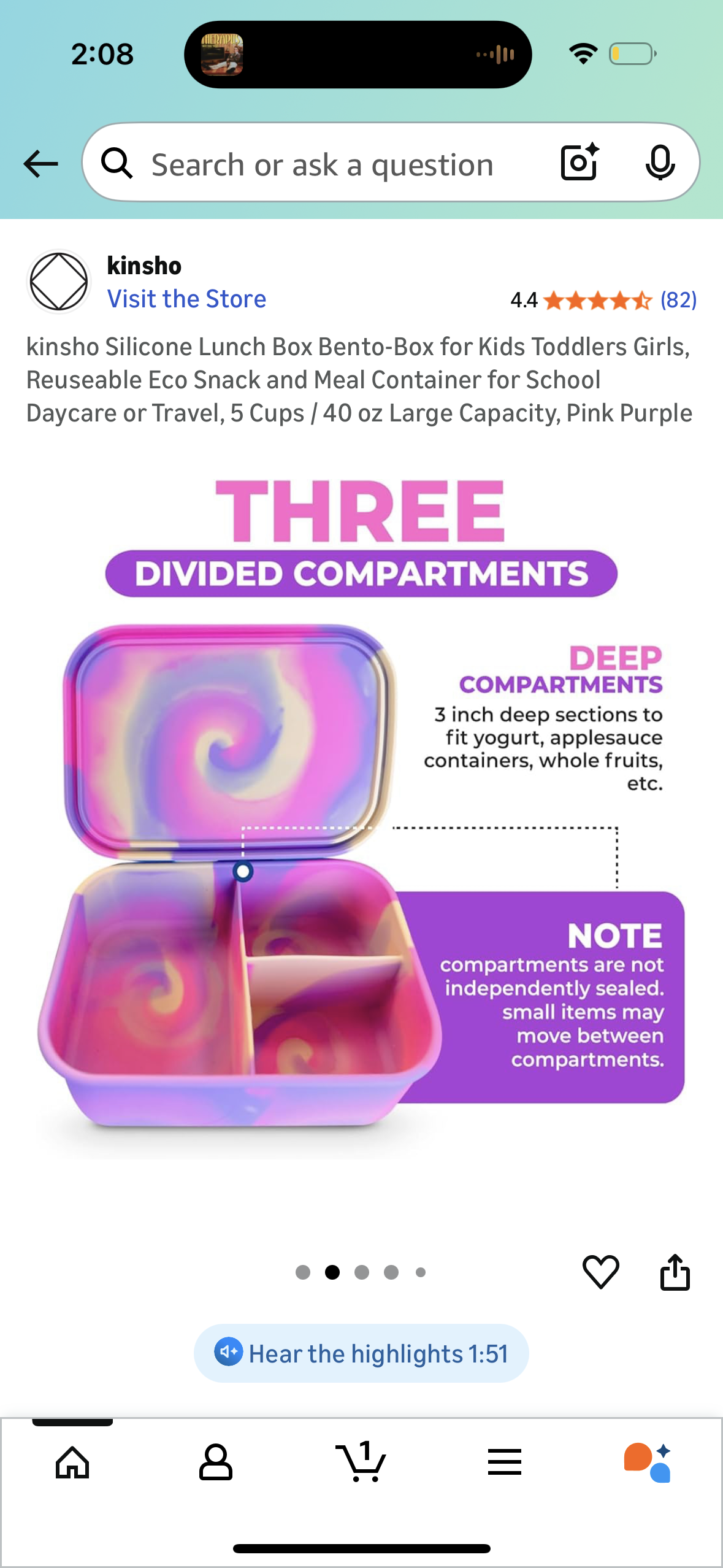 Silicone Lunch Box Bento-Box for Kids Toddlers Girls, Reuseable Eco Snack and Meal Container for School Daycare or Travel, 5 Cups / 40 oz Large Capacity, Pink Purple