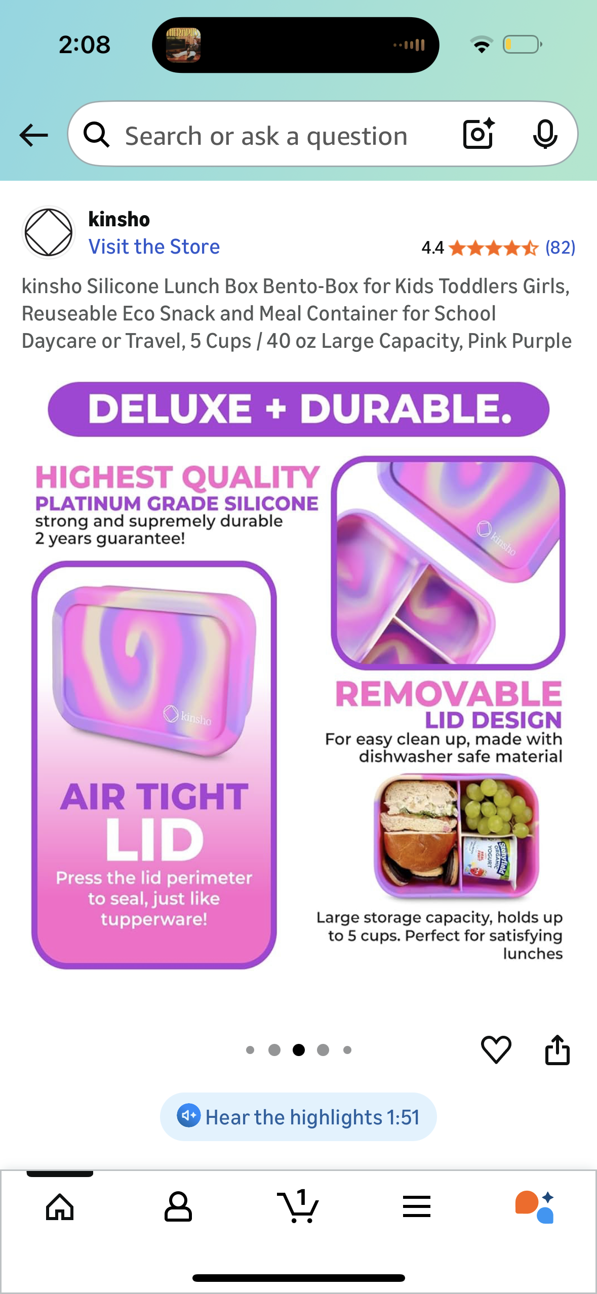 Silicone Lunch Box Bento-Box for Kids Toddlers Girls, Reuseable Eco Snack and Meal Container for School Daycare or Travel, 5 Cups / 40 oz Large Capacity, Pink Purple