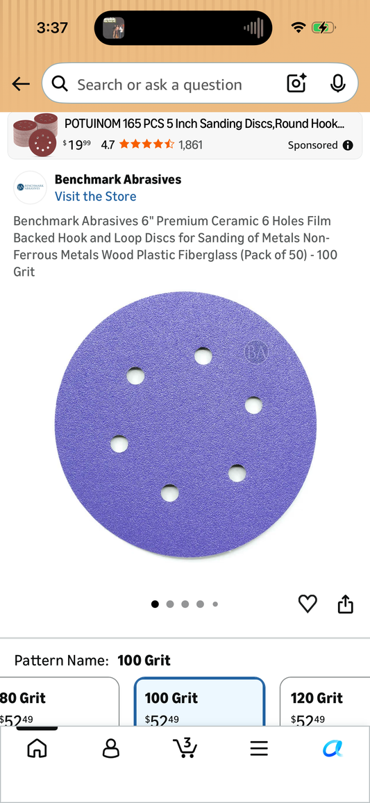 Benchmark Abrasives 6" Premium Ceramic 6 Holes Film Backed Hook and Loop Discs for Sanding of Metals Non-Ferrous Metals Wood Plastic Fiberglass (Pack of 50) - 100 Grit
