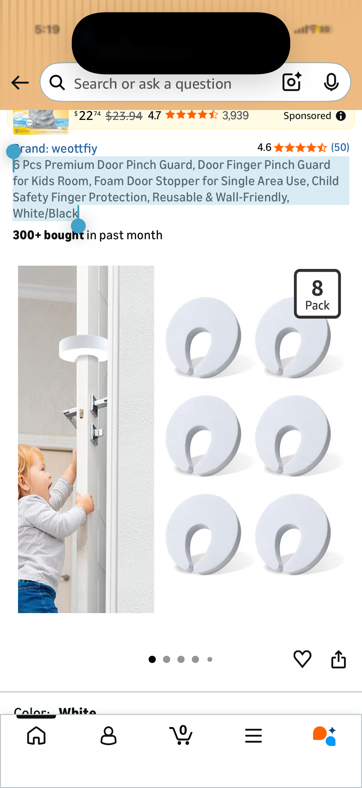 6 Pcs Premium Door Pinch Guard, Door Finger Pinch Guard for Kids Room, Foam Door Stopper for Single Area Use, Child Safety Finger Protection, Reusable & Wall-Friendly, White/Black
