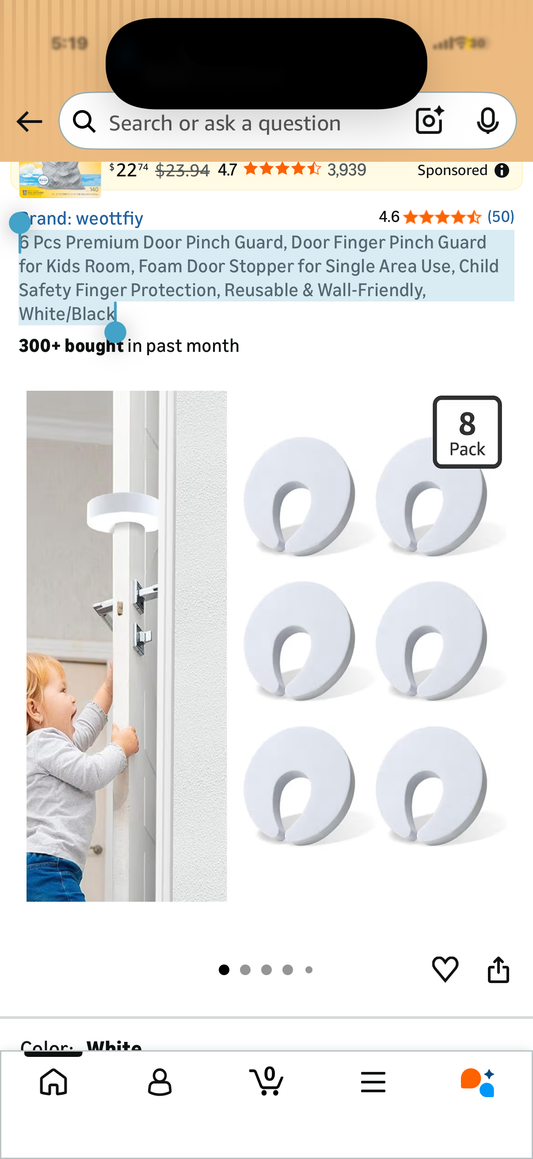 6 Pcs Premium Door Pinch Guard, Door Finger Pinch Guard for Kids Room, Foam Door Stopper for Single Area Use, Child Safety Finger Protection, Reusable & Wall-Friendly, White/Black