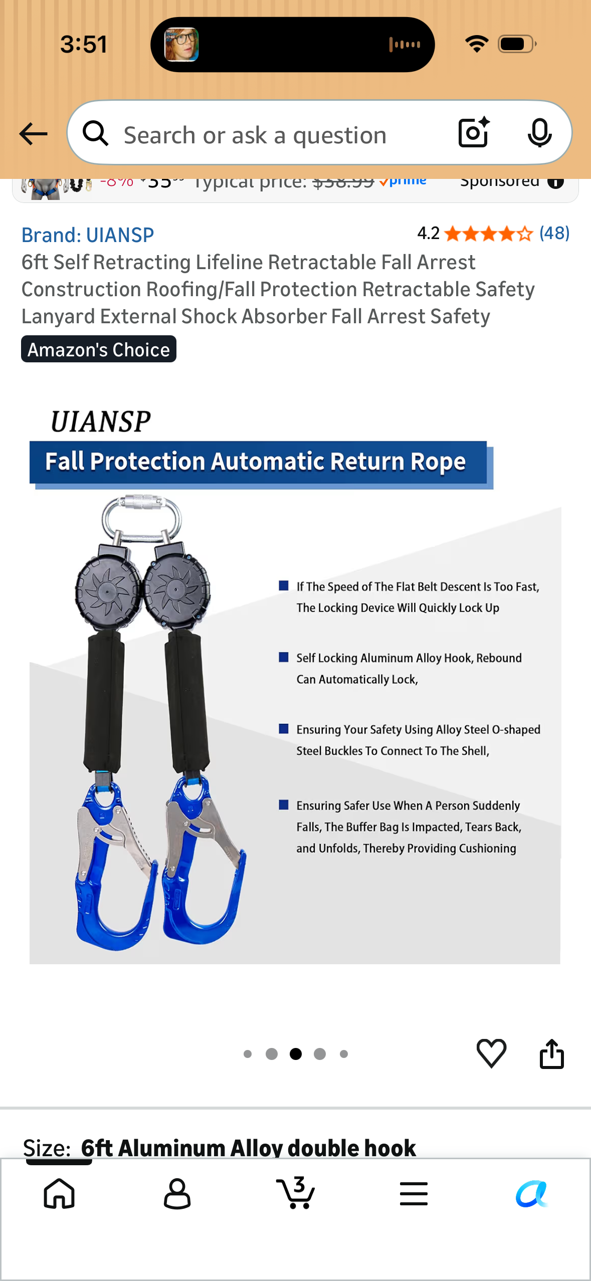 6ft Self Retracting Lifeline Retractable Fall Arrest Construction Roofing/Fall Protection Retractable Safety Lanyard External Shock Absorber Fall Arrest Safety