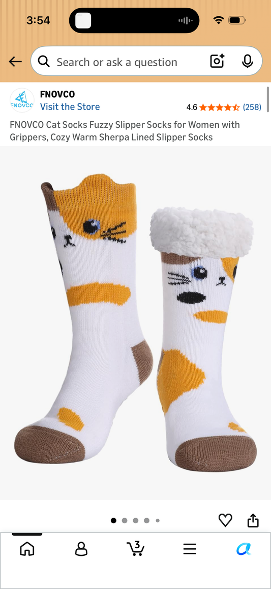 FNOVCO Cat Socks Fuzzy Slipper Socks for Women with Grippers, Cozy Warm Sherpa Lined Slipper Socks (Size US 10-12 Women’s)