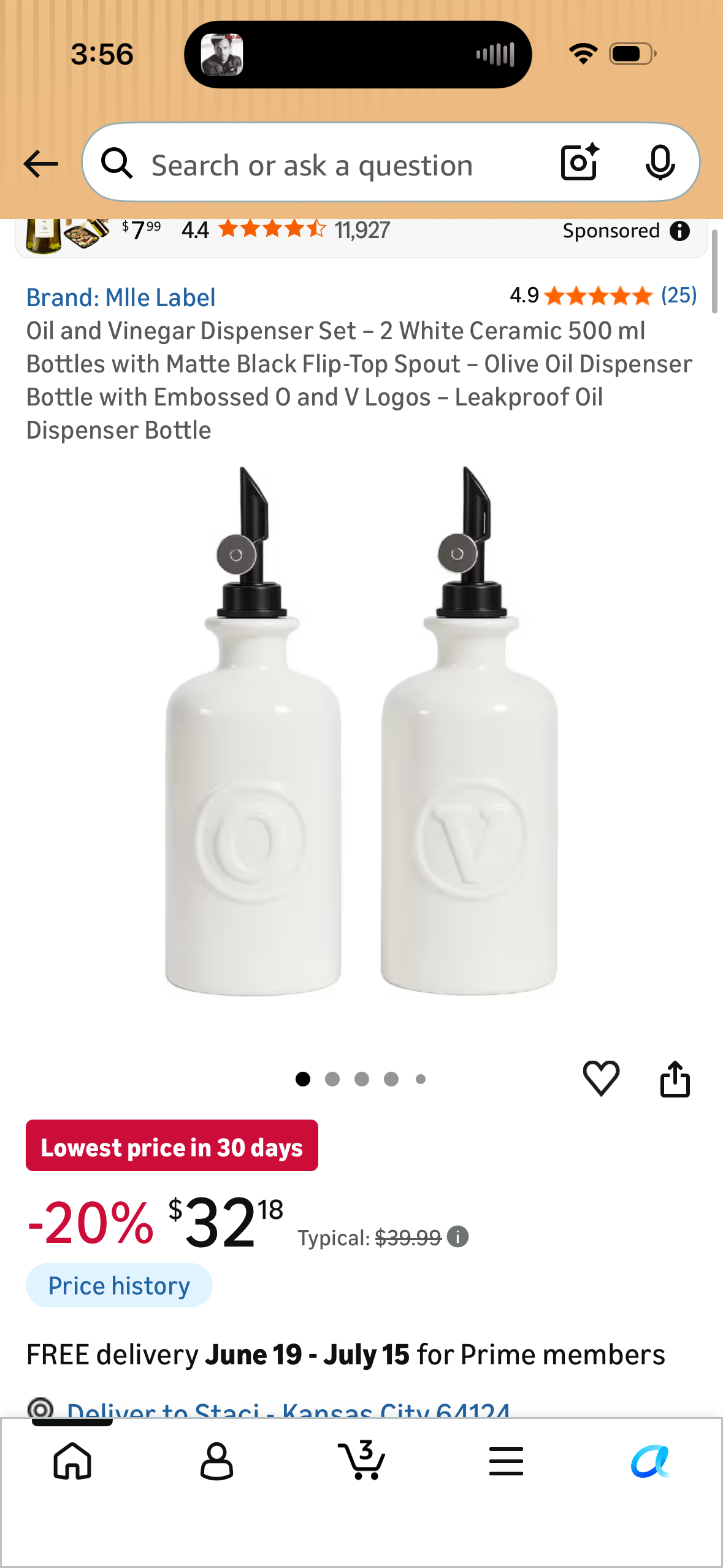 Oil and Vinegar Dispenser Set – 2 White Ceramic 500 ml Bottles with Matte Black Flip-Top Spout – Olive Oil Dispenser Bottle with Embossed O and V Logos – Leakproof Oil Dispenser Bottle