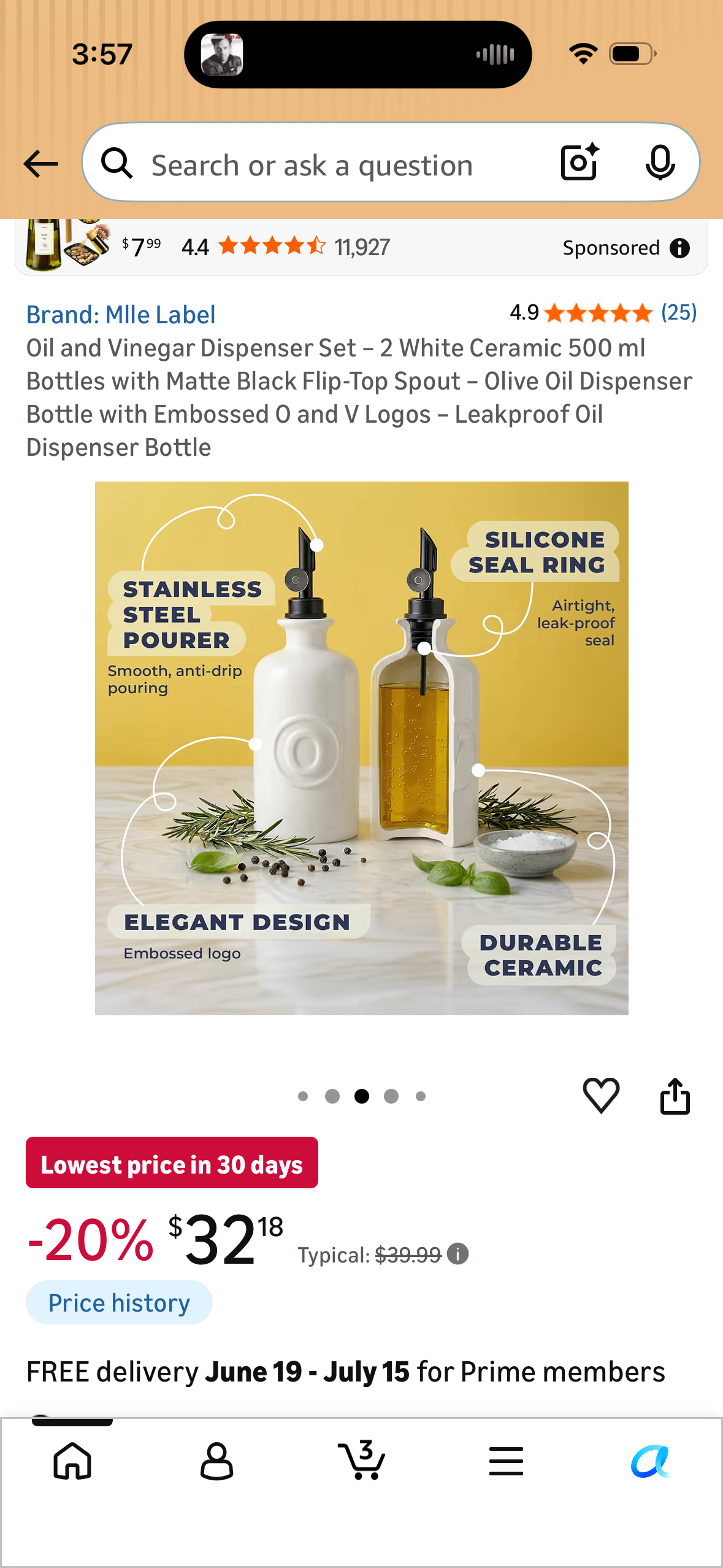 Oil and Vinegar Dispenser Set – 2 White Ceramic 500 ml Bottles with Matte Black Flip-Top Spout – Olive Oil Dispenser Bottle with Embossed O and V Logos – Leakproof Oil Dispenser Bottle