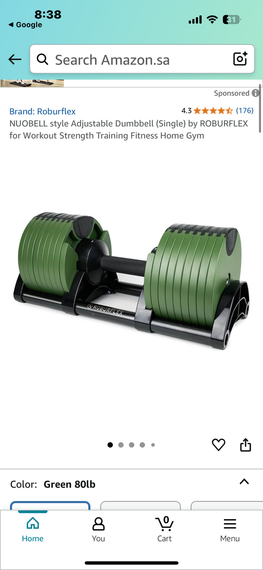 New - Adjustable Dumbbell (Single) by ROBURFLEX, 80 pounds total Weight for Strength Training Fitness, Cast Iron Plates (W529)