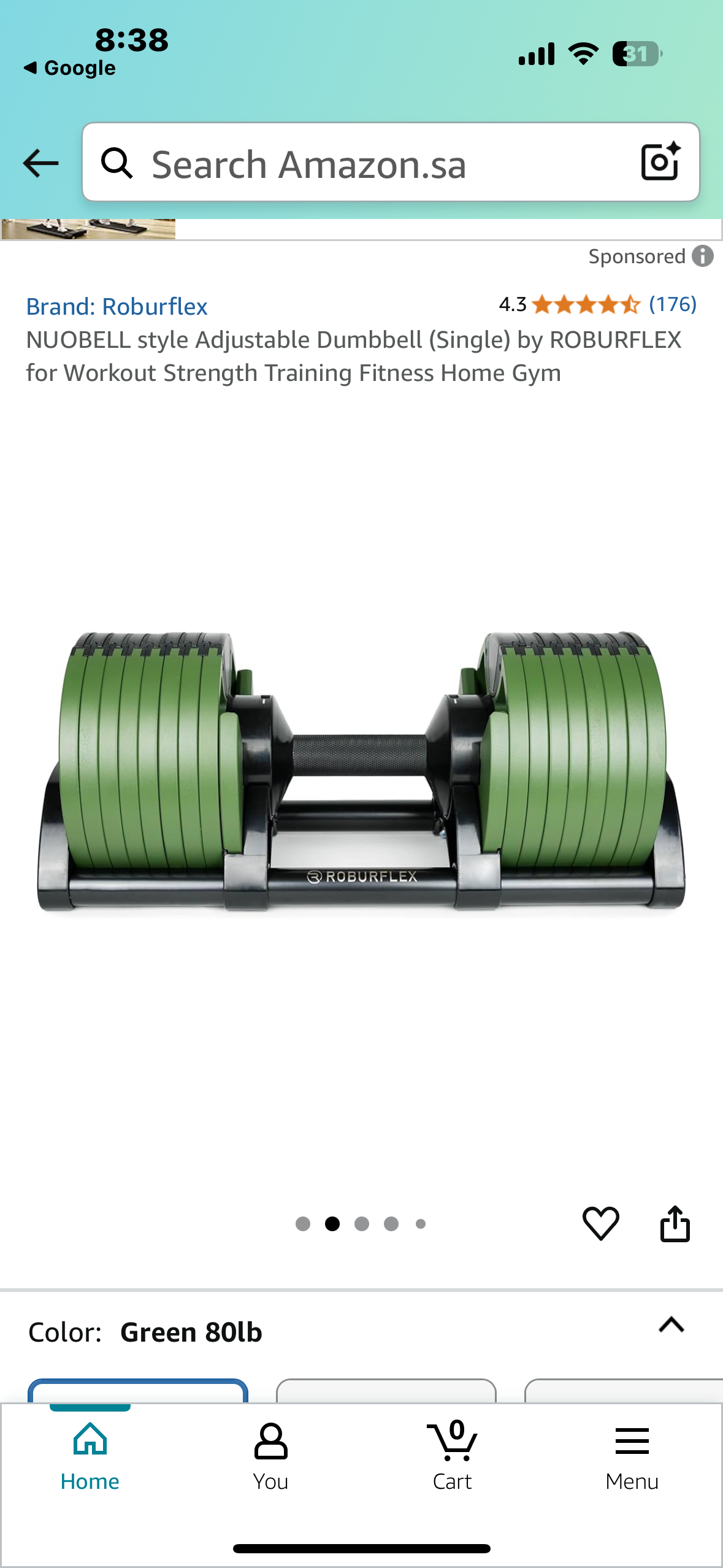 New - Adjustable Dumbbell (Single) by ROBURFLEX, 80 pounds total Weight for Strength Training Fitness, Cast Iron Plates (W529)