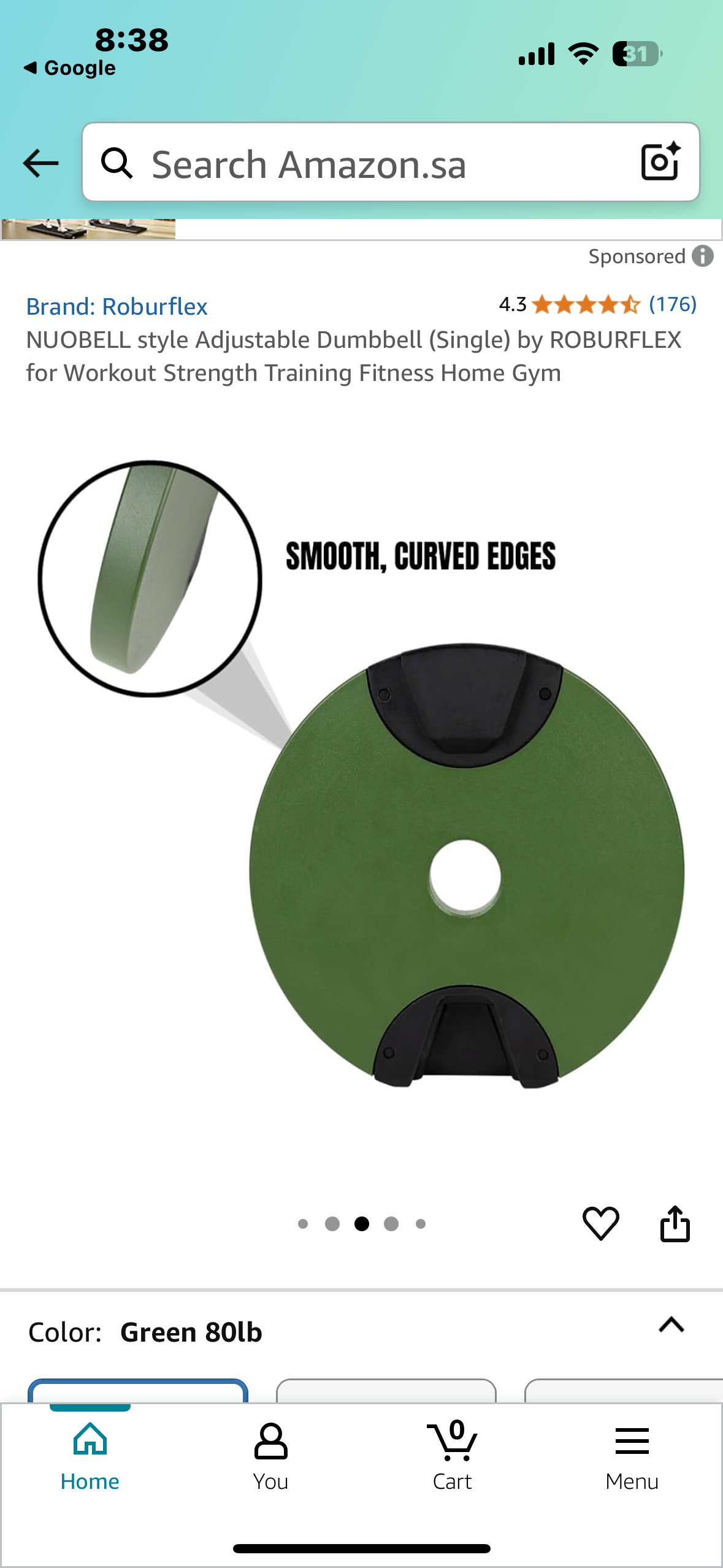 New - Adjustable Dumbbell (Single) by ROBURFLEX, 80 pounds total Weight for Strength Training Fitness, Cast Iron Plates (W529)