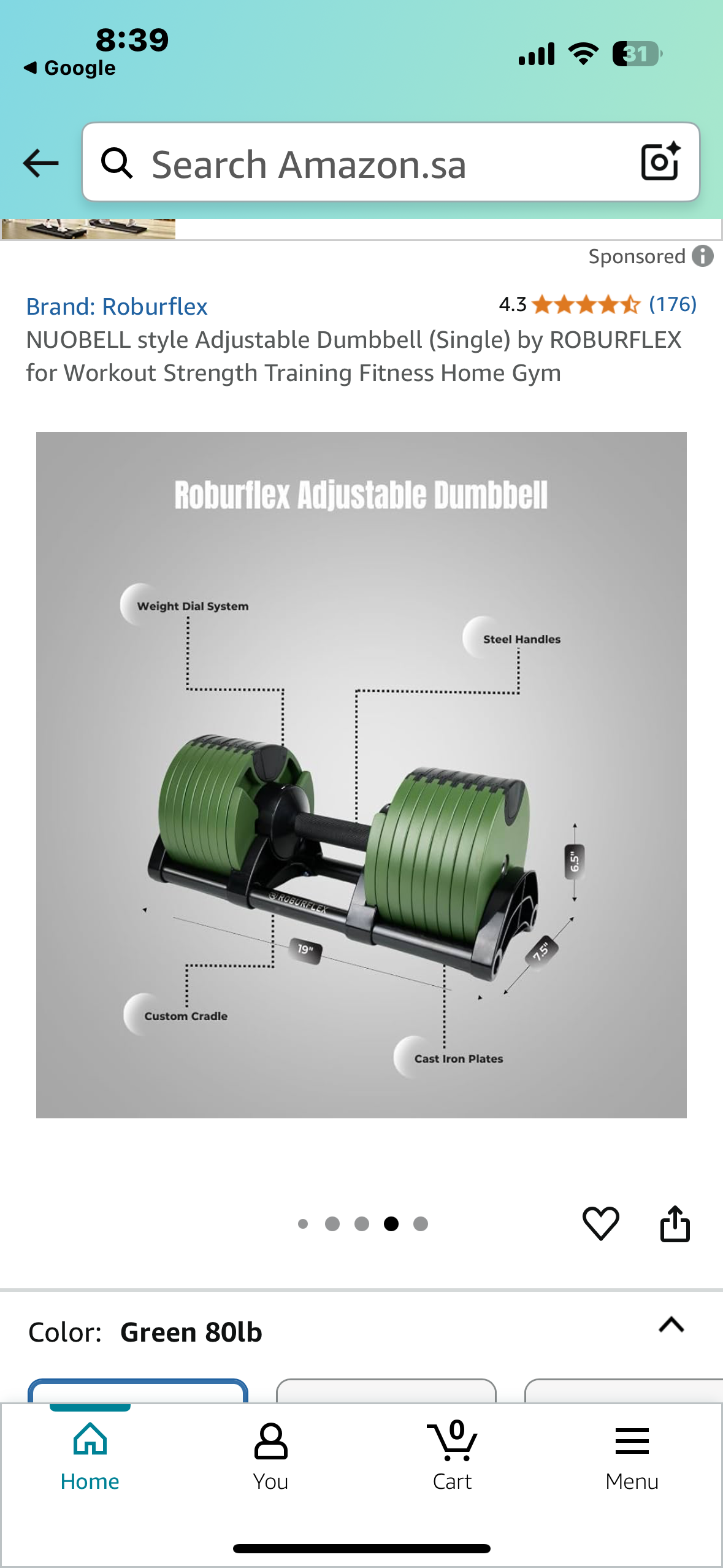 New - Adjustable Dumbbell (Single) by ROBURFLEX, 80 pounds total Weight for Strength Training Fitness, Cast Iron Plates (W529)