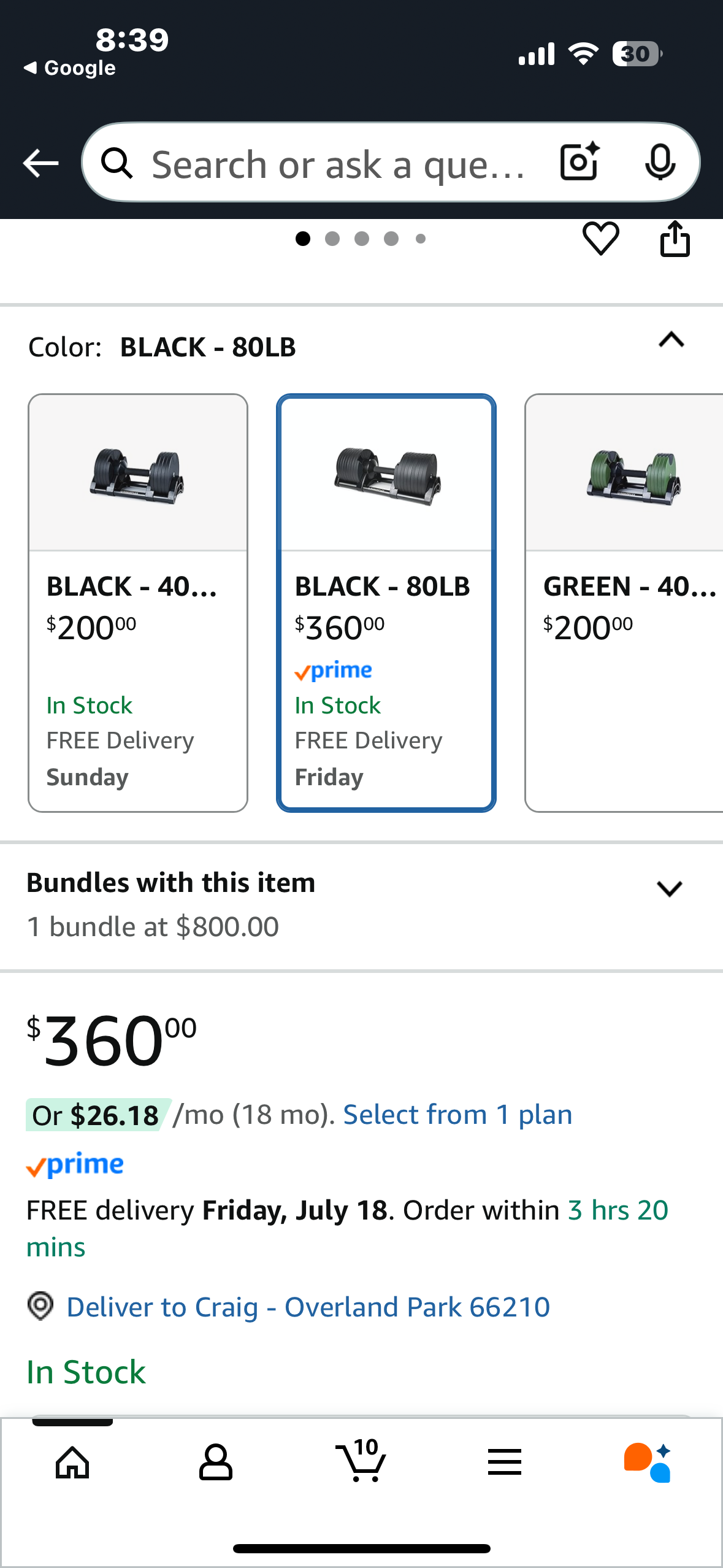 New - Adjustable Dumbbell (Single) by ROBURFLEX, 80 pounds total Weight for Strength Training Fitness, Cast Iron Plates (W529)