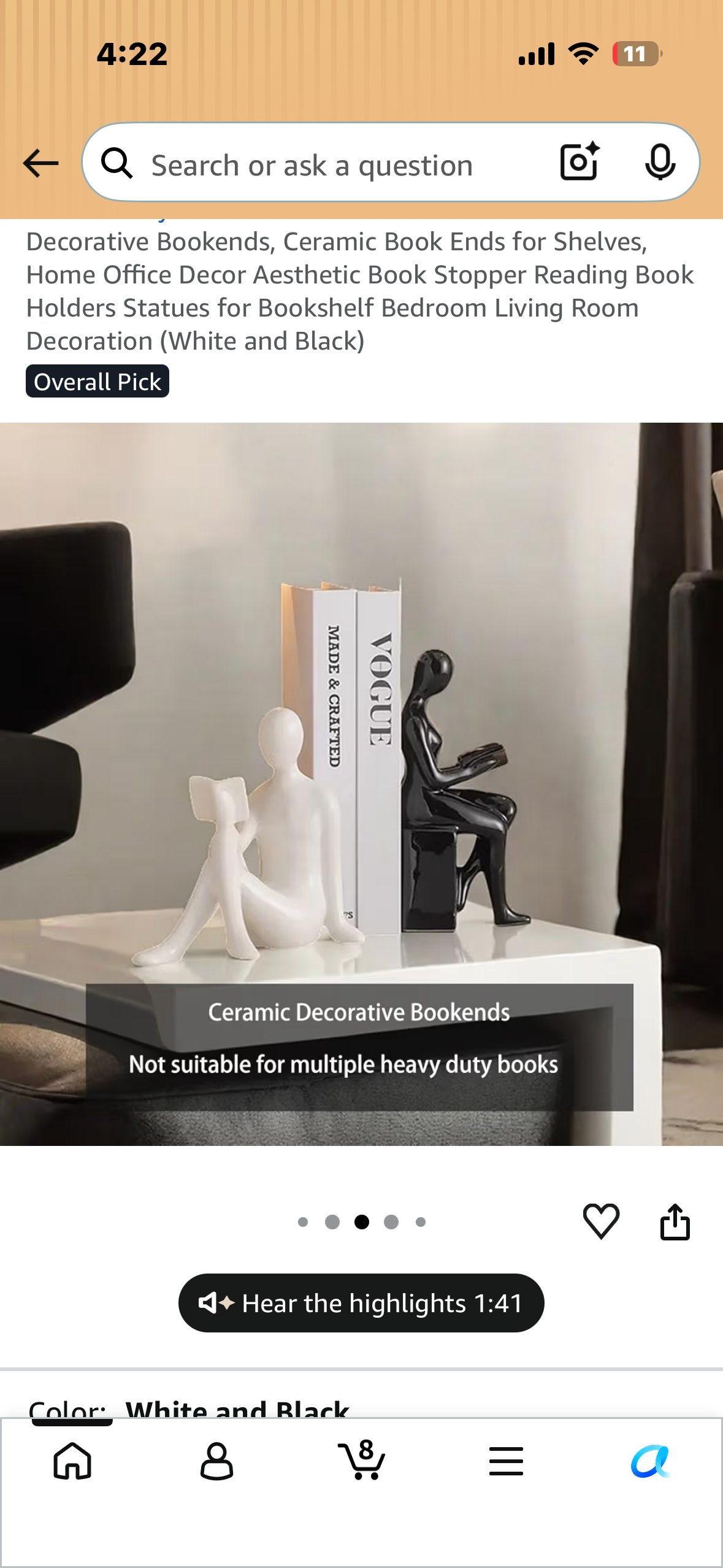 Decorative Bookends, Aesthetic Ceramic Book Ends for Shelves, Home Office Decor, (White and Black)