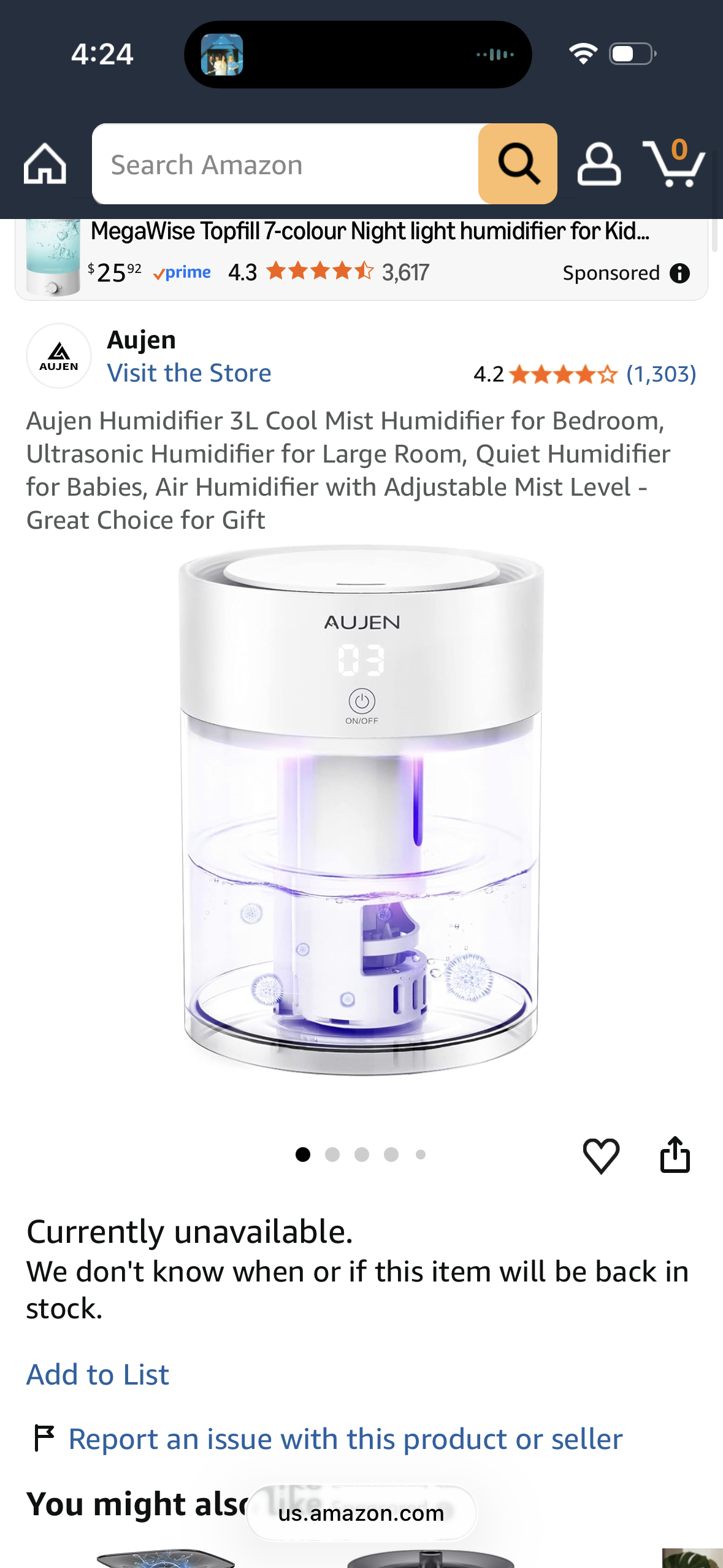 Aujen Humidifier 3L Cool Mist Humidifier for Bedroom, Ultrasonic Humidifier for Large Room, Quiet Humidifier for Babies, Air Humidifier with Adjustable Mist Level - Great Choice for Gift