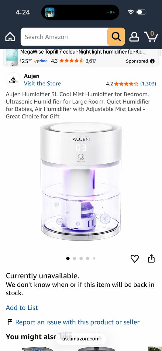 Aujen Humidifier 3L Cool Mist Humidifier for Bedroom, Ultrasonic Humidifier for Large Room, Quiet Humidifier for Babies, Air Humidifier with Adjustable Mist Level - Great Choice for Gift
