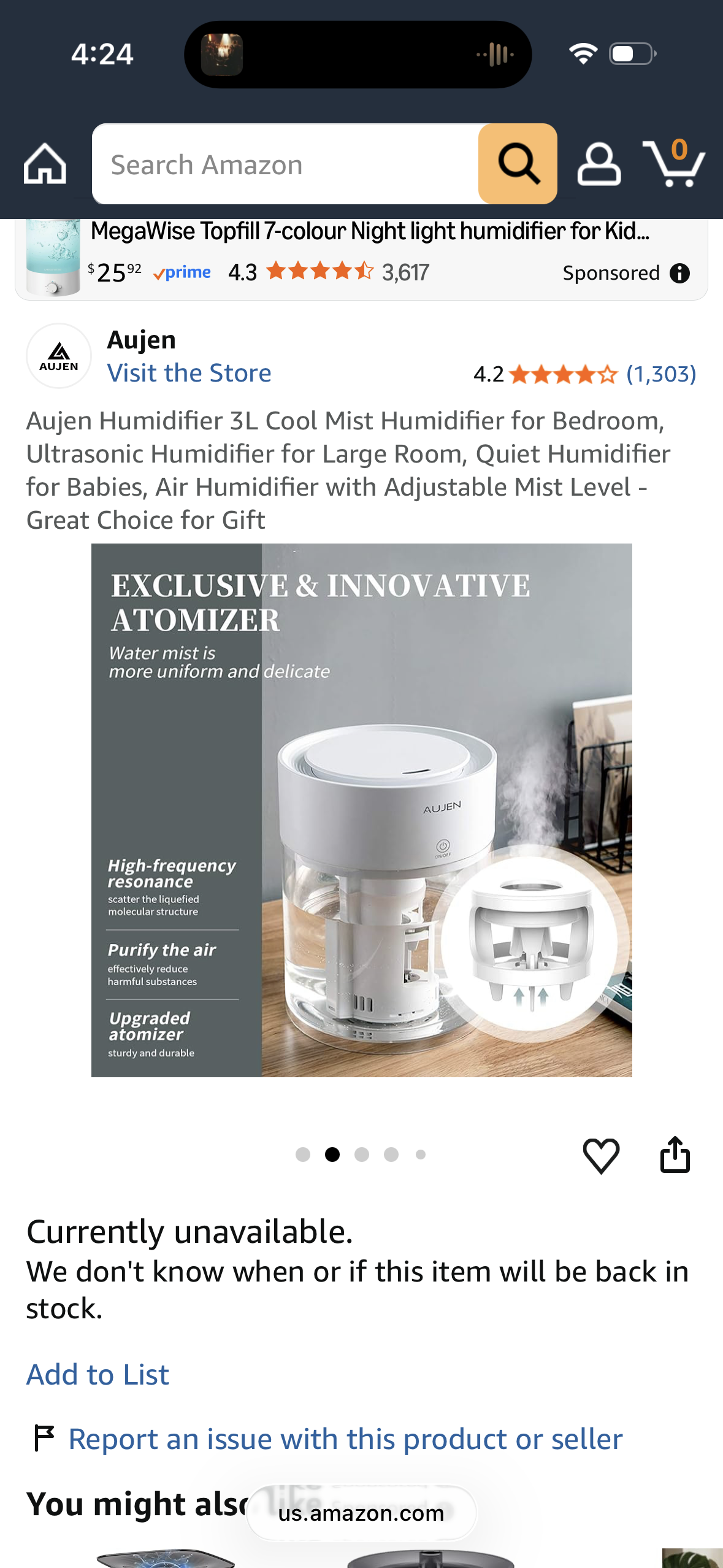 Aujen Humidifier 3L Cool Mist Humidifier for Bedroom, Ultrasonic Humidifier for Large Room, Quiet Humidifier for Babies, Air Humidifier with Adjustable Mist Level - Great Choice for Gift