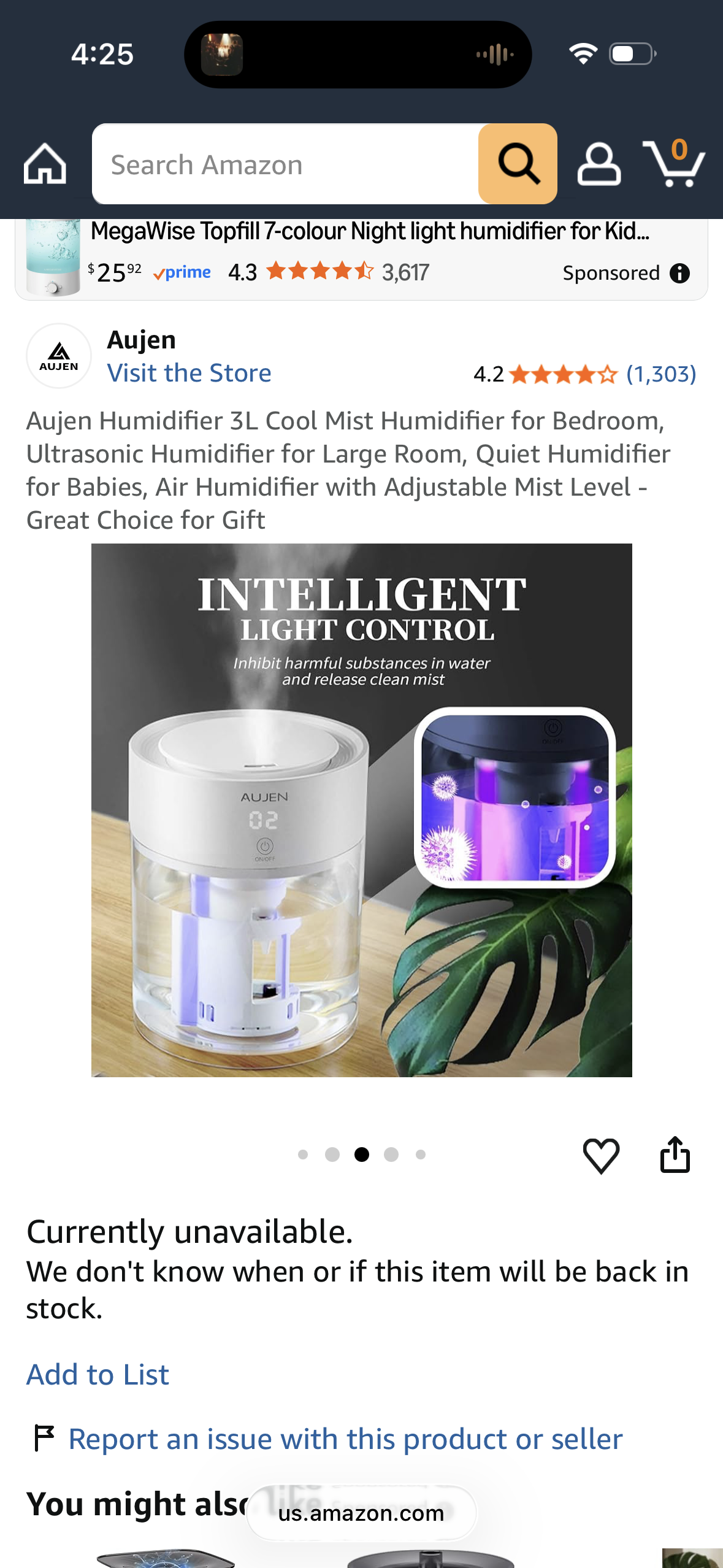 Aujen Humidifier 3L Cool Mist Humidifier for Bedroom, Ultrasonic Humidifier for Large Room, Quiet Humidifier for Babies, Air Humidifier with Adjustable Mist Level - Great Choice for Gift