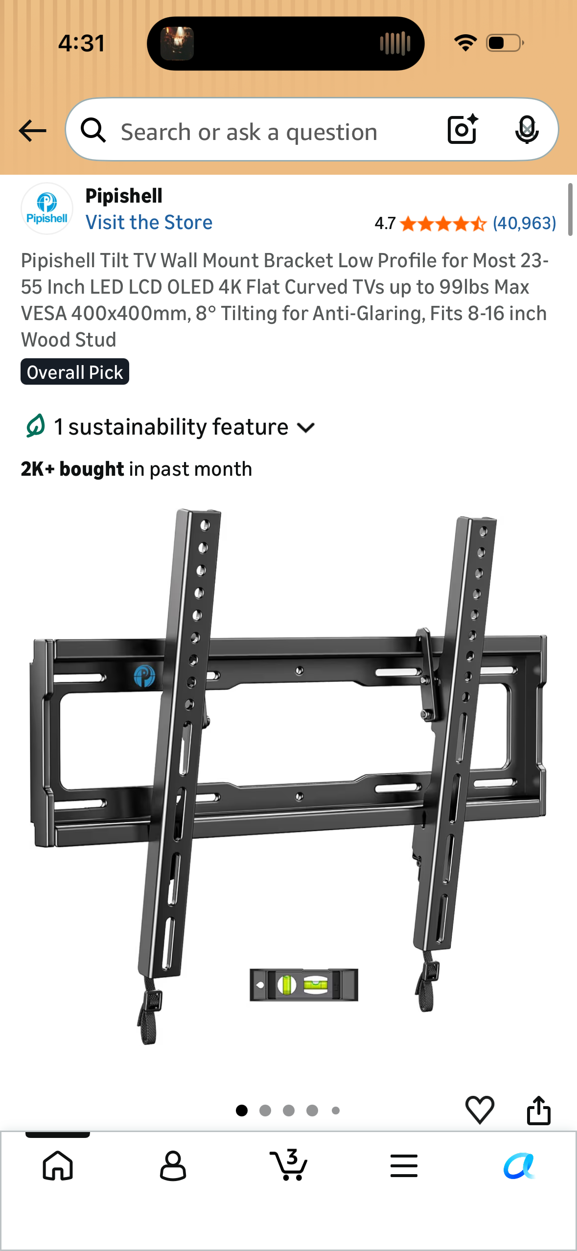 Pipishell Tilt TV Wall Mount Bracket Low Profile for Most 23-55 Inch LED LCD OLED 4K Flat Curved TVs up to 99lbs Max VESA 400x400mm, 8° Tilting for Anti-Glaring, Fits 8-16 inch Wood Stud