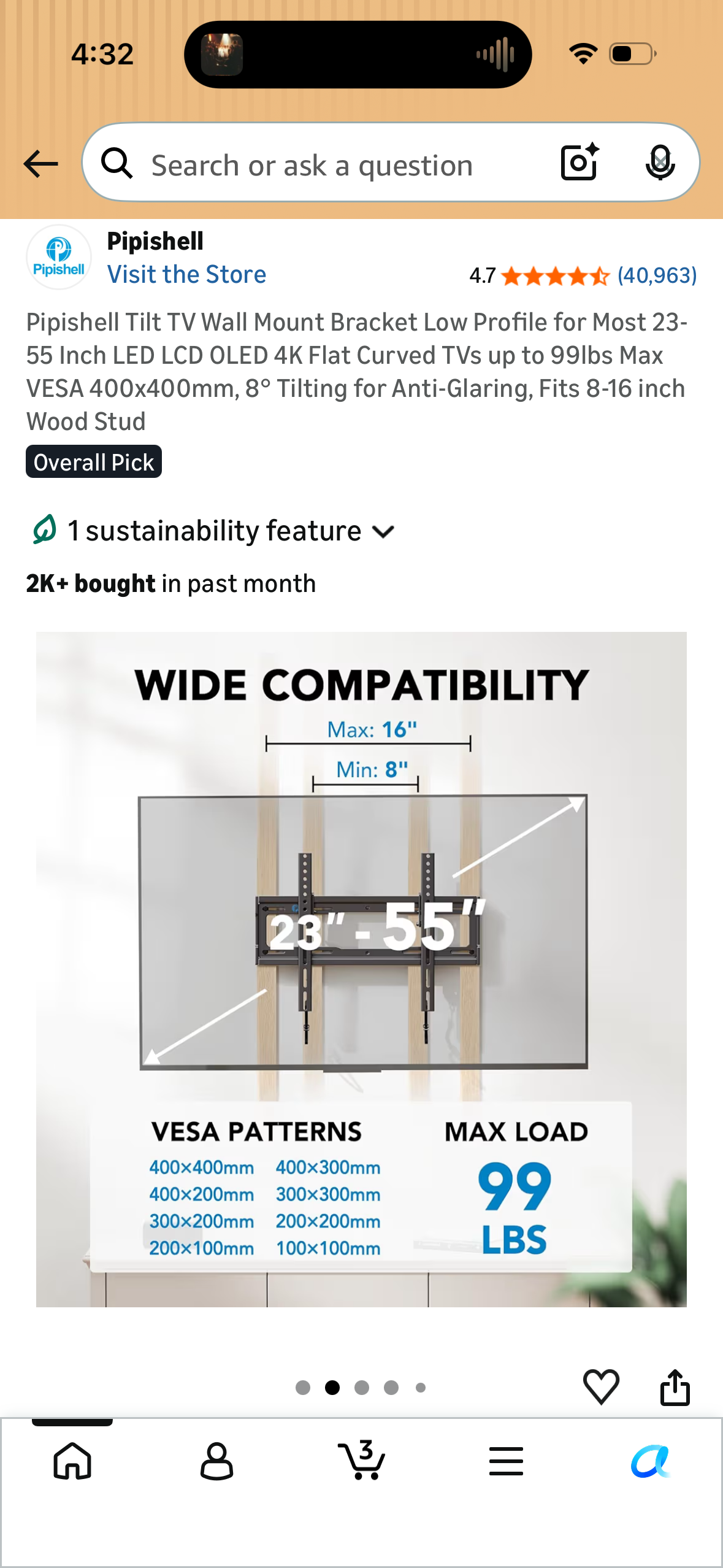 Pipishell Tilt TV Wall Mount Bracket Low Profile for Most 23-55 Inch LED LCD OLED 4K Flat Curved TVs up to 99lbs Max VESA 400x400mm, 8° Tilting for Anti-Glaring, Fits 8-16 inch Wood Stud