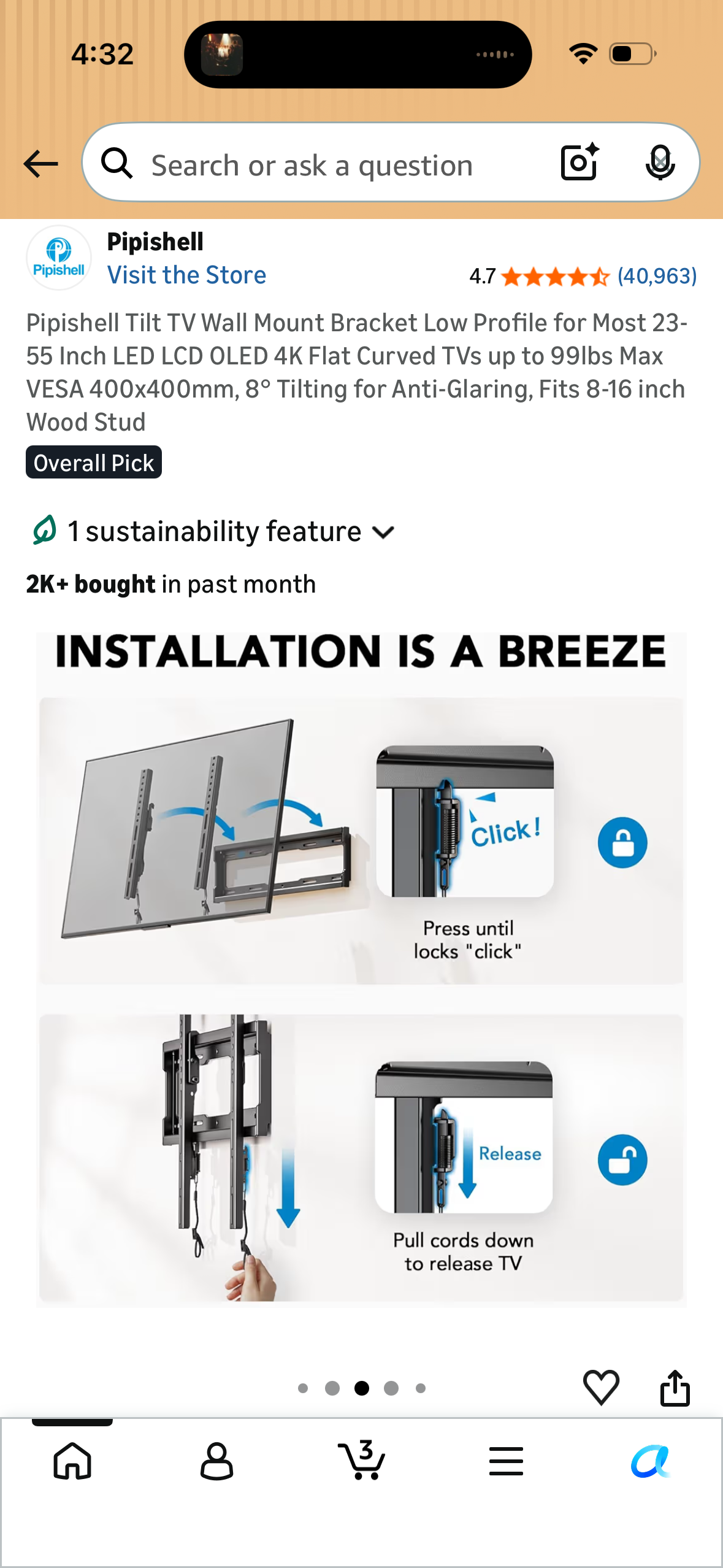 Pipishell Tilt TV Wall Mount Bracket Low Profile for Most 23-55 Inch LED LCD OLED 4K Flat Curved TVs up to 99lbs Max VESA 400x400mm, 8° Tilting for Anti-Glaring, Fits 8-16 inch Wood Stud