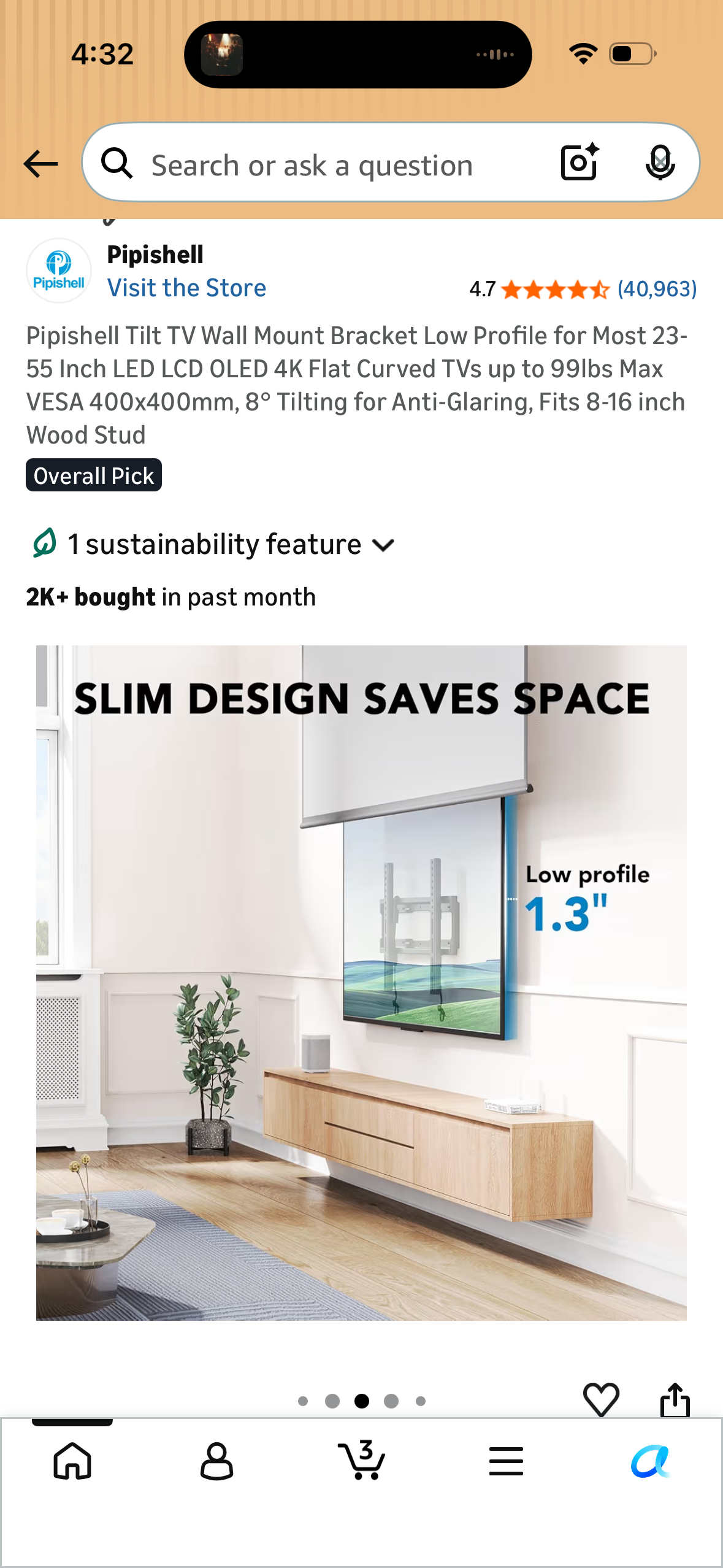 Pipishell Tilt TV Wall Mount Bracket Low Profile for Most 23-55 Inch LED LCD OLED 4K Flat Curved TVs up to 99lbs Max VESA 400x400mm, 8° Tilting for Anti-Glaring, Fits 8-16 inch Wood Stud