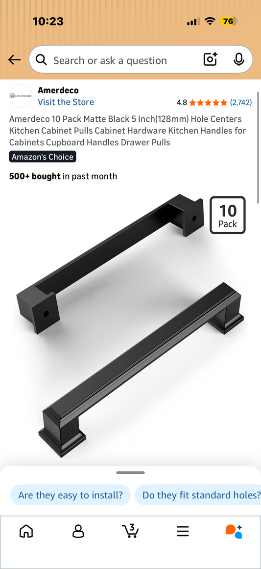 Amerdeco 10 Pack Matte Black 5 Inch(128mm) Hole Centers Kitchen Cabinet Pulls Cabinet Hardware Kitchen Handles for Cabinets Cupboard Handles Drawer Pulls