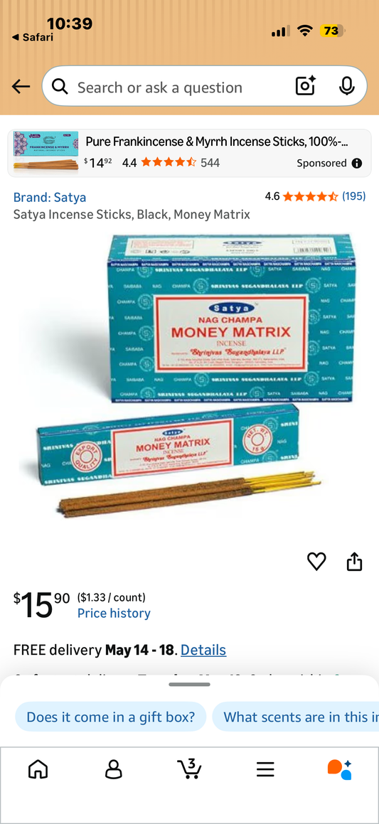 Satya Incense Sticks, Black, Money Matrix