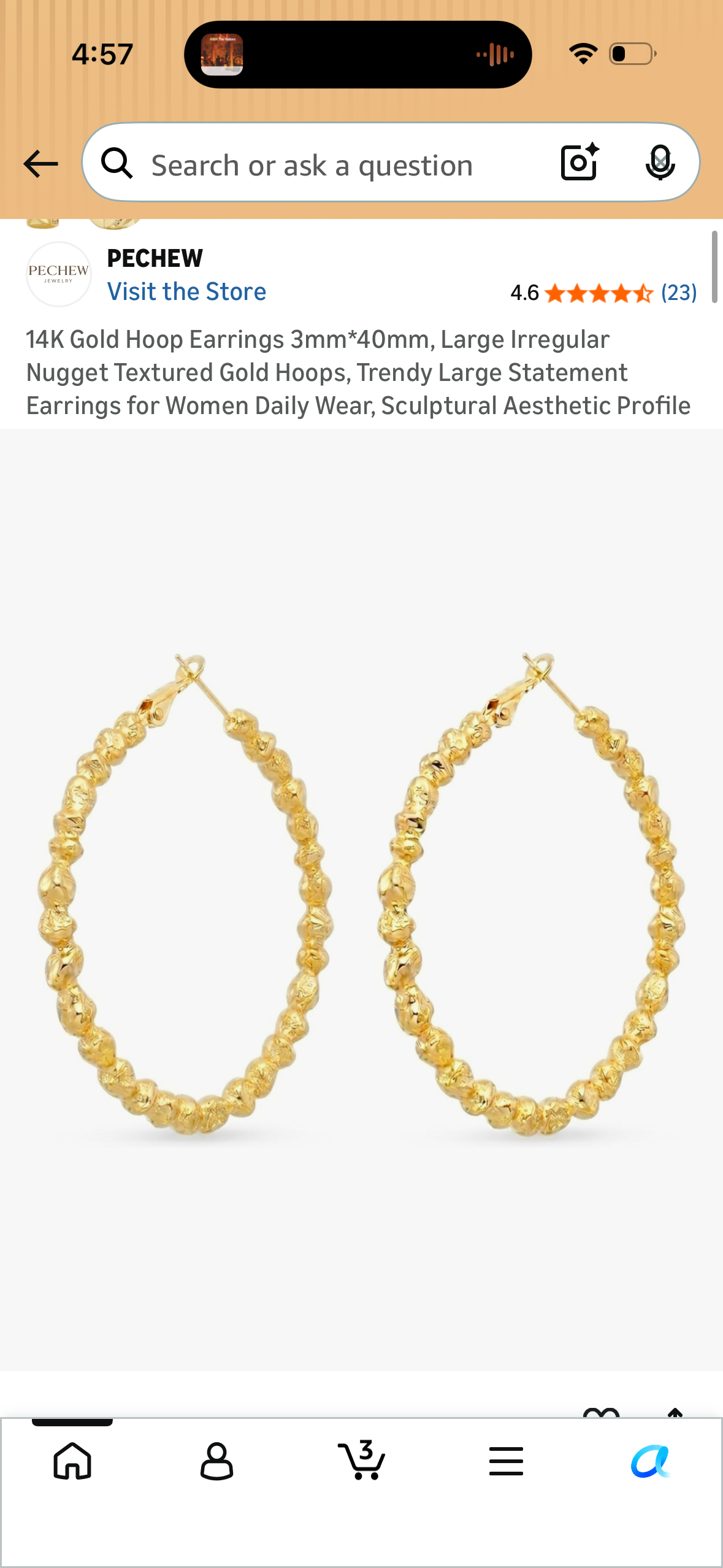 14K Gold Hoop Earrings 3mm*40mm, Large Irregular Nugget Textured Gold Hoops, Trendy Large Statement Earrings for Women Daily Wear, Sculptural Aesthetic Profile