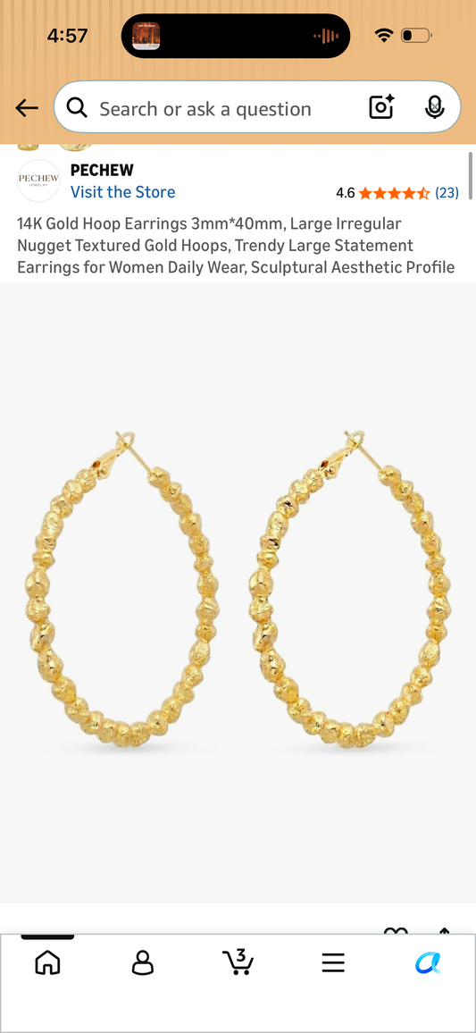 14K Gold Hoop Earrings 3mm*40mm, Large Irregular Nugget Textured Gold Hoops, Trendy Large Statement Earrings for Women Daily Wear, Sculptural Aesthetic Profile