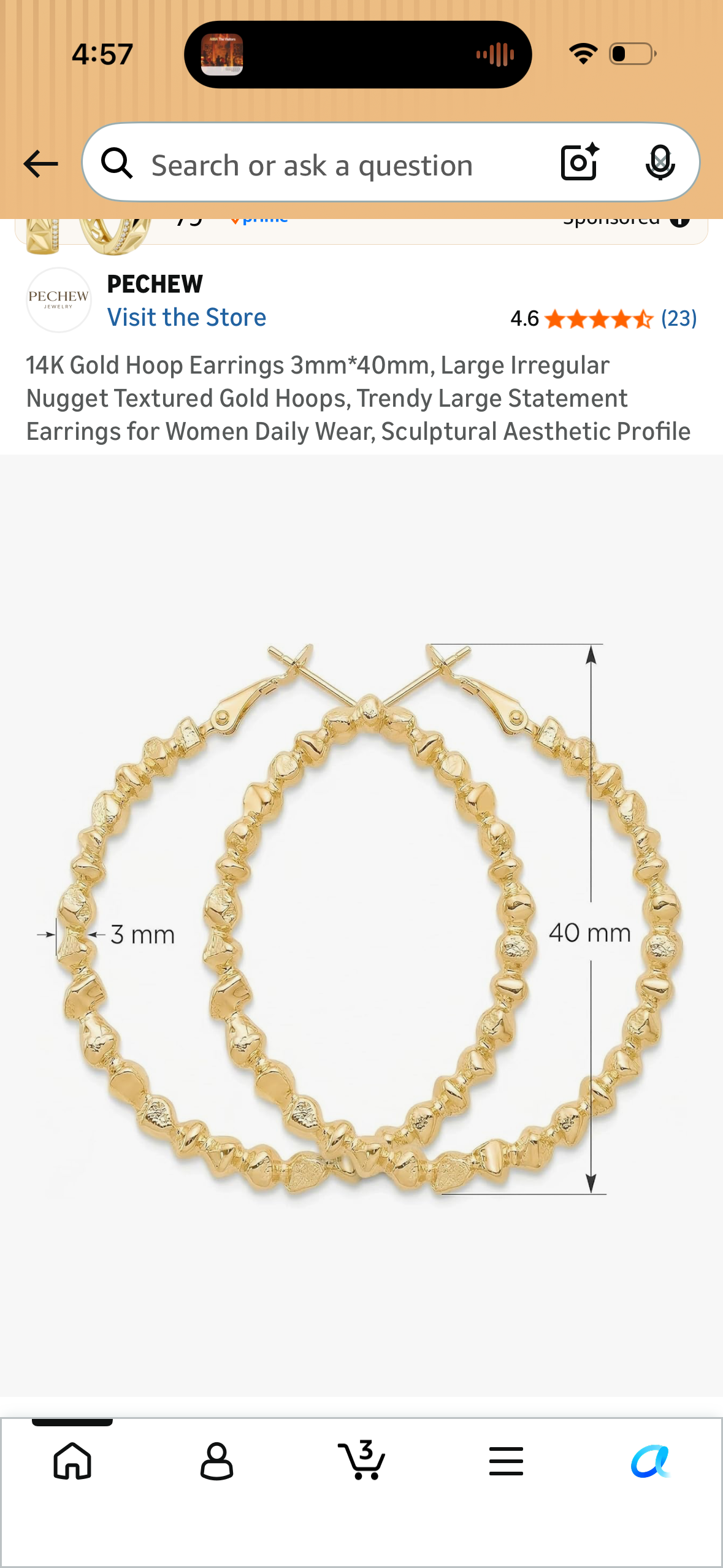 14K Gold Hoop Earrings 3mm*40mm, Large Irregular Nugget Textured Gold Hoops, Trendy Large Statement Earrings for Women Daily Wear, Sculptural Aesthetic Profile